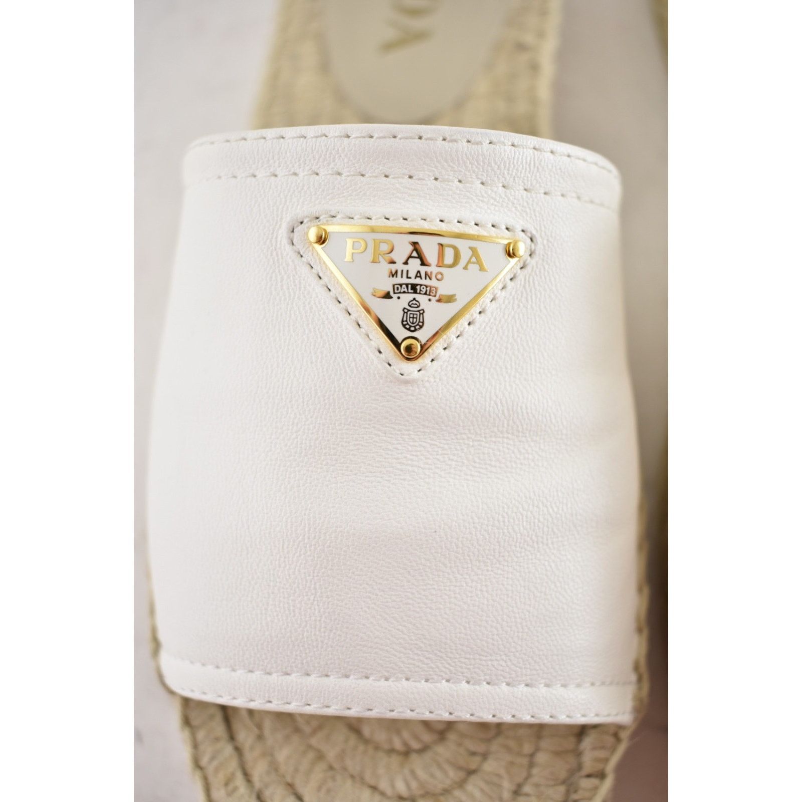 Prada Prada Gold Triangle Logo Avorio White Leather Espadrille 37 Size US 7 / IT 37 - 10 Thumbnail