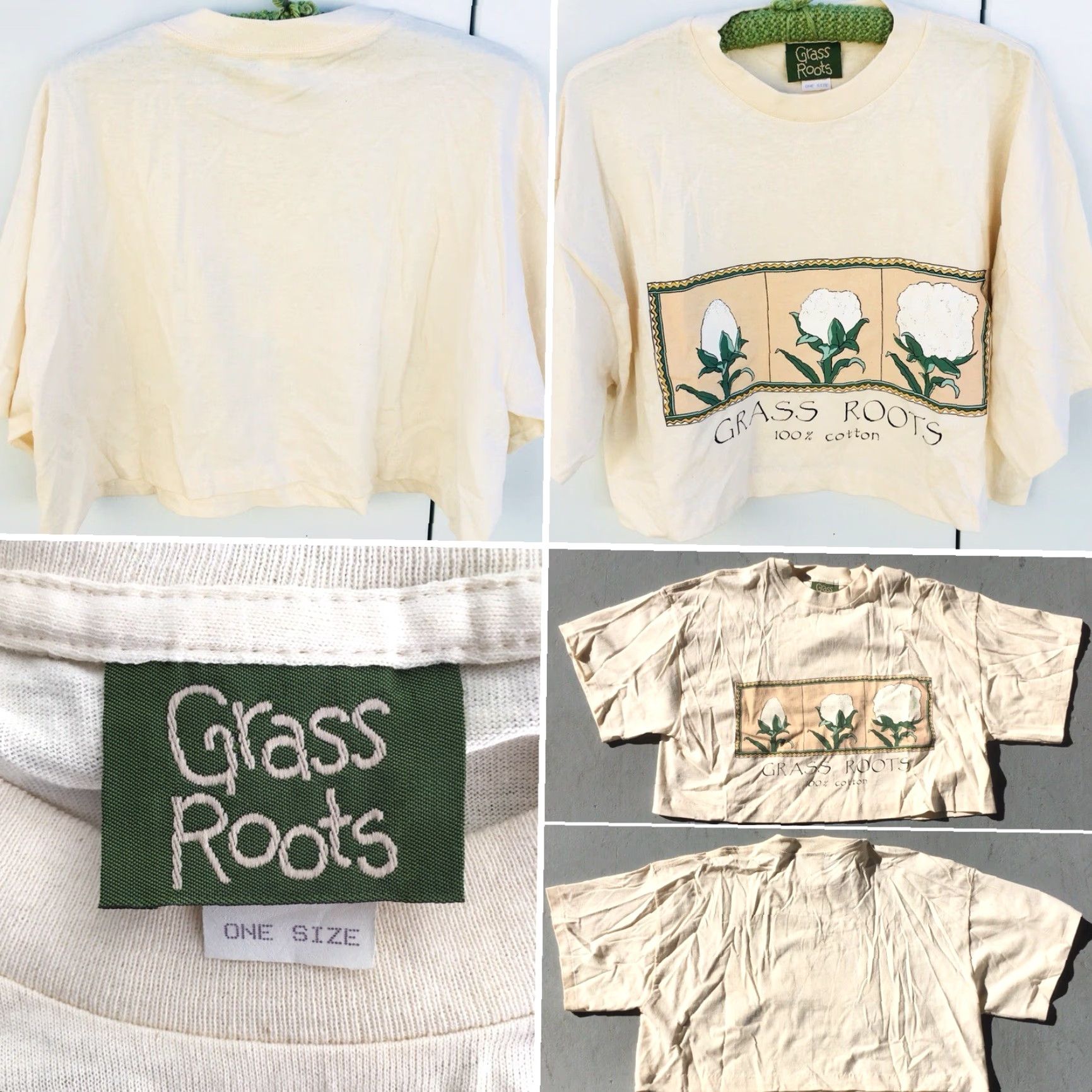 Vintage VTG Grass Roots Crop Top Graphic T Shirt One Size Made In USA Ivory Cotton Crew Neck Short Sleeve Women Shirt Size ONE SIZE - 2 Thumbnail