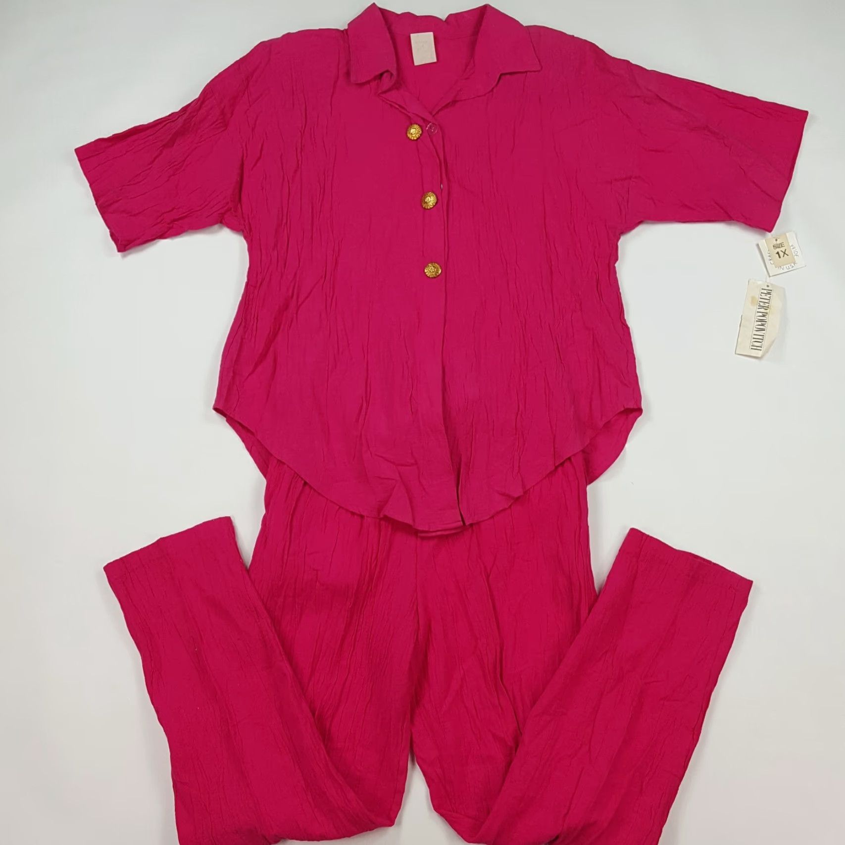 Vintage VINTAGE Pink Track Suit Shirt Pants Women 1X 2 Piece Golf Button Up Collared Linen 100% Cotton Retro 80s Jeans? Size XL / US 12-14 / IT 48-50 - 2 Thumbnail
