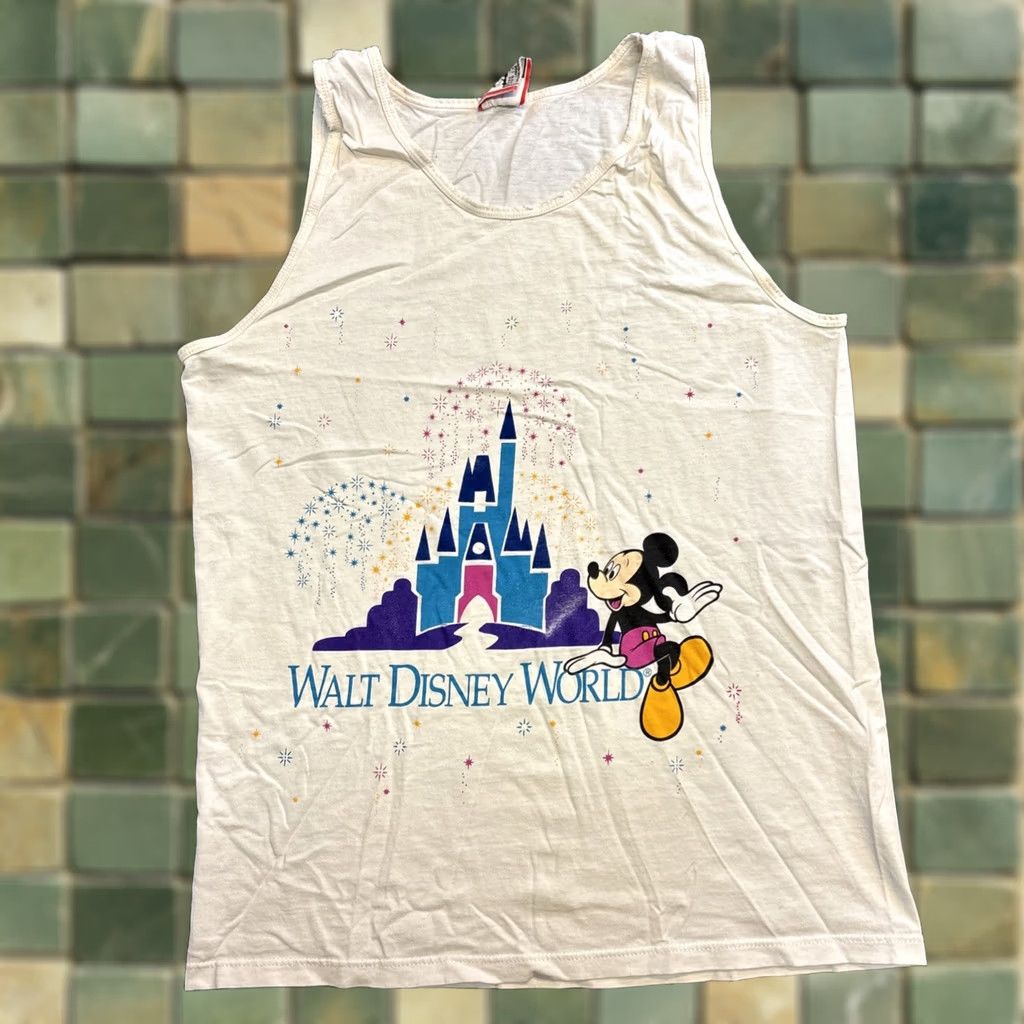 Disney VINTAGE Walt Disney Tank Top White USA Mens L Mickey Mouse Crew Neck Sleeveless Cotton 80’s Disney Designs USA Theme Mens Vintage Size US L / EU 52-54 / 3 - 1 Thumbnail