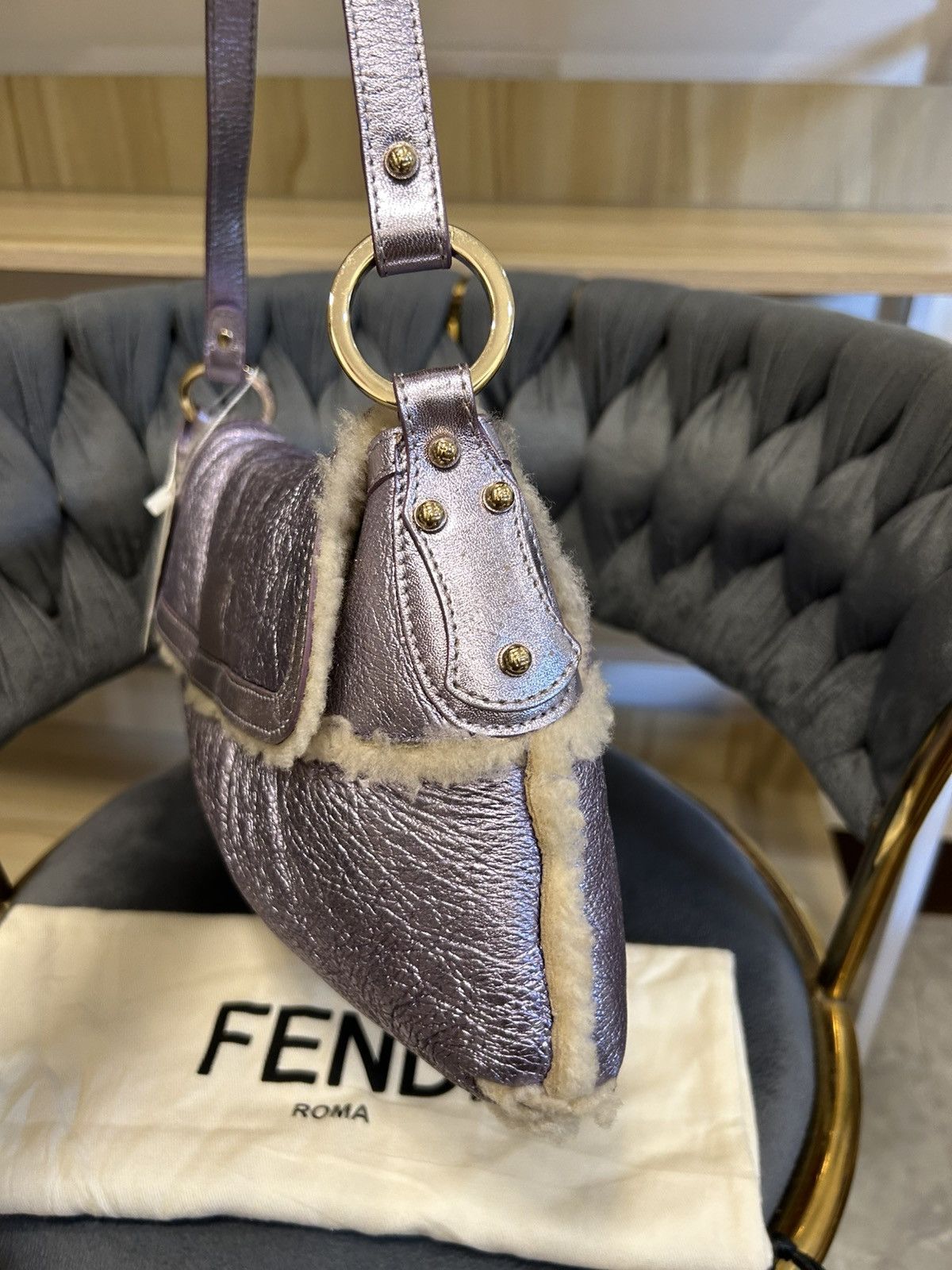 Fendi Fendi Chef Shearling Metallic Purple Sheepskin Small Hobo Size ONE SIZE - 3 Thumbnail