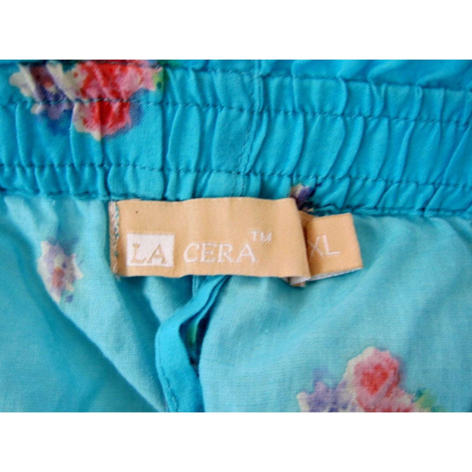 Vintage LA CERA 100% Cotton Blue Pink Green Rose Floral Wide Leg Pull On Pant Women XL Shirt Size 40" / US 18 - 3 Thumbnail