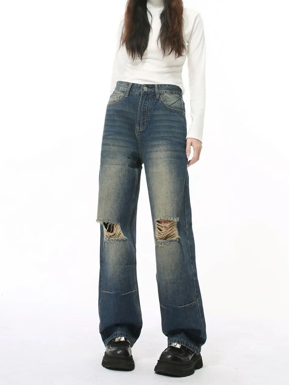 Japanese Brand Retro loose straight leg ripped jeans Size US 30 / EU 46 - 3 Thumbnail