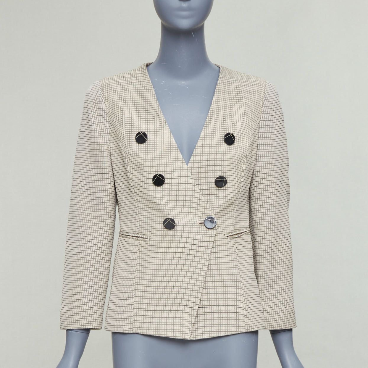 Emporio Armani EMPORIO ARMANI beige grid overstitch quilted double breasted blazer IT44 L Size M / US 6-8 / IT 42-44 - 1 Thumbnail