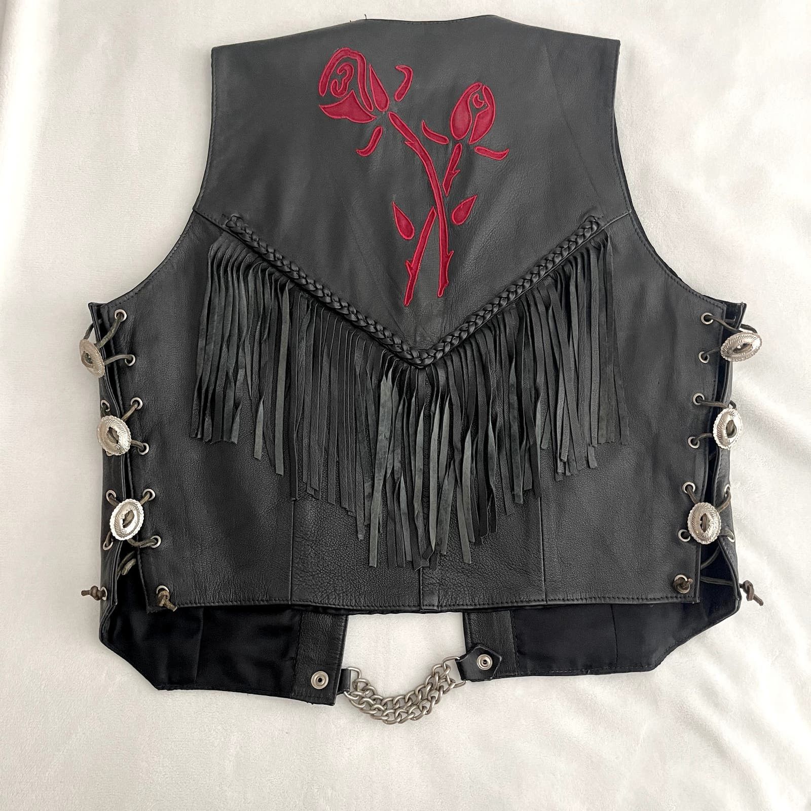 Vintage Pegasus Ladies Black Leather Vest Fringed Embroidered 14 Size XL / US 12-14 / IT 48-50 - 4 Thumbnail