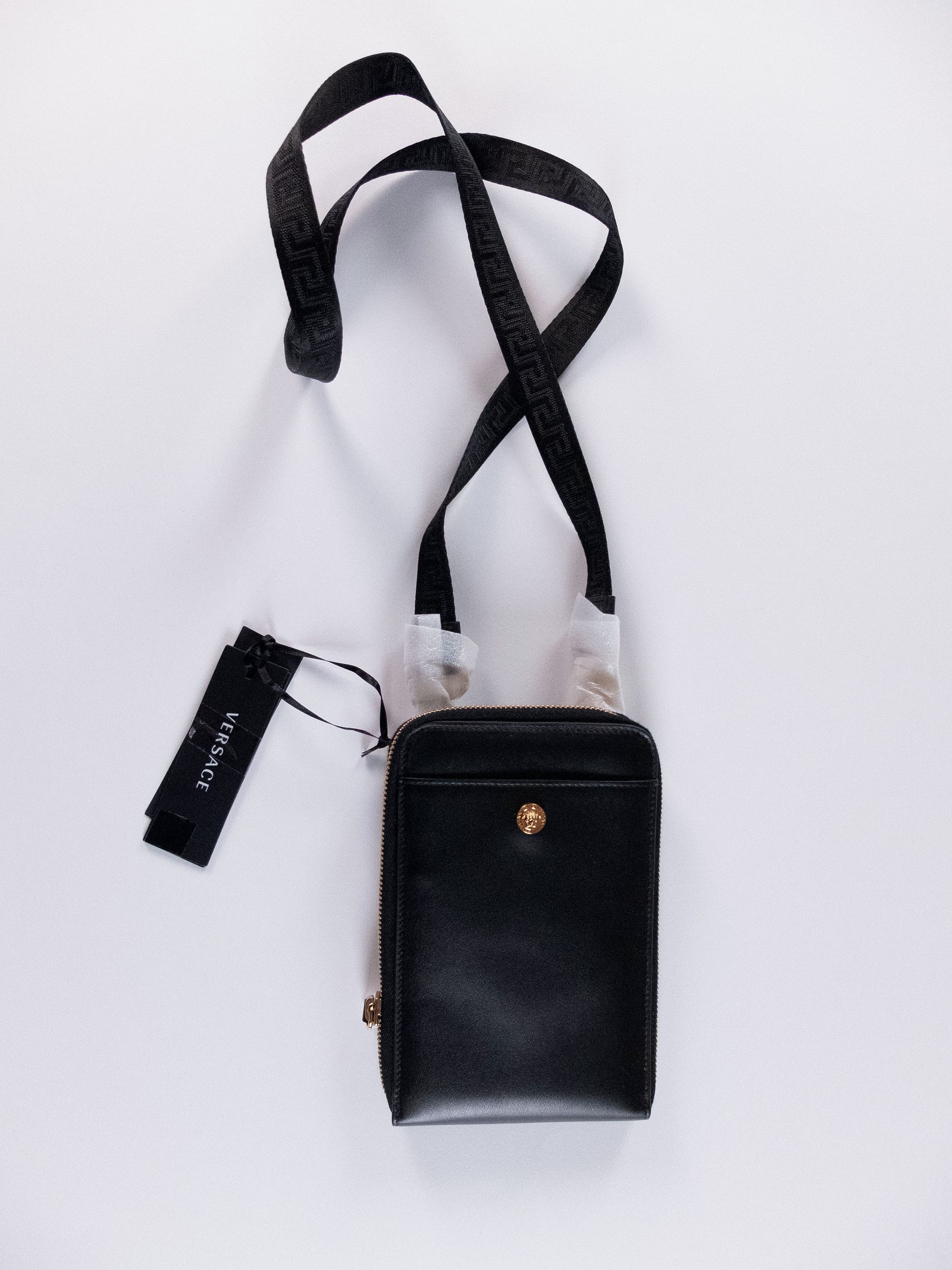 Versace La Medusa Black Leather Mini Crossbody Wallet Bag, Men's
