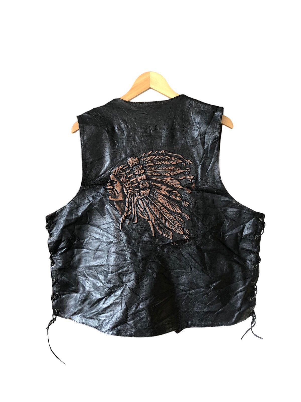 image of Moto x Racing Vintage Unik Indian Head Leather Vest Like Perfecto in Black, Men's (Size XL)