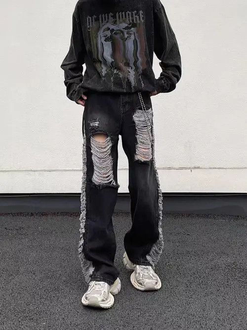 VIBE Retro fringed ripped straight-leg draped jeans Size US 32 / EU 48 - 1 Thumbnail