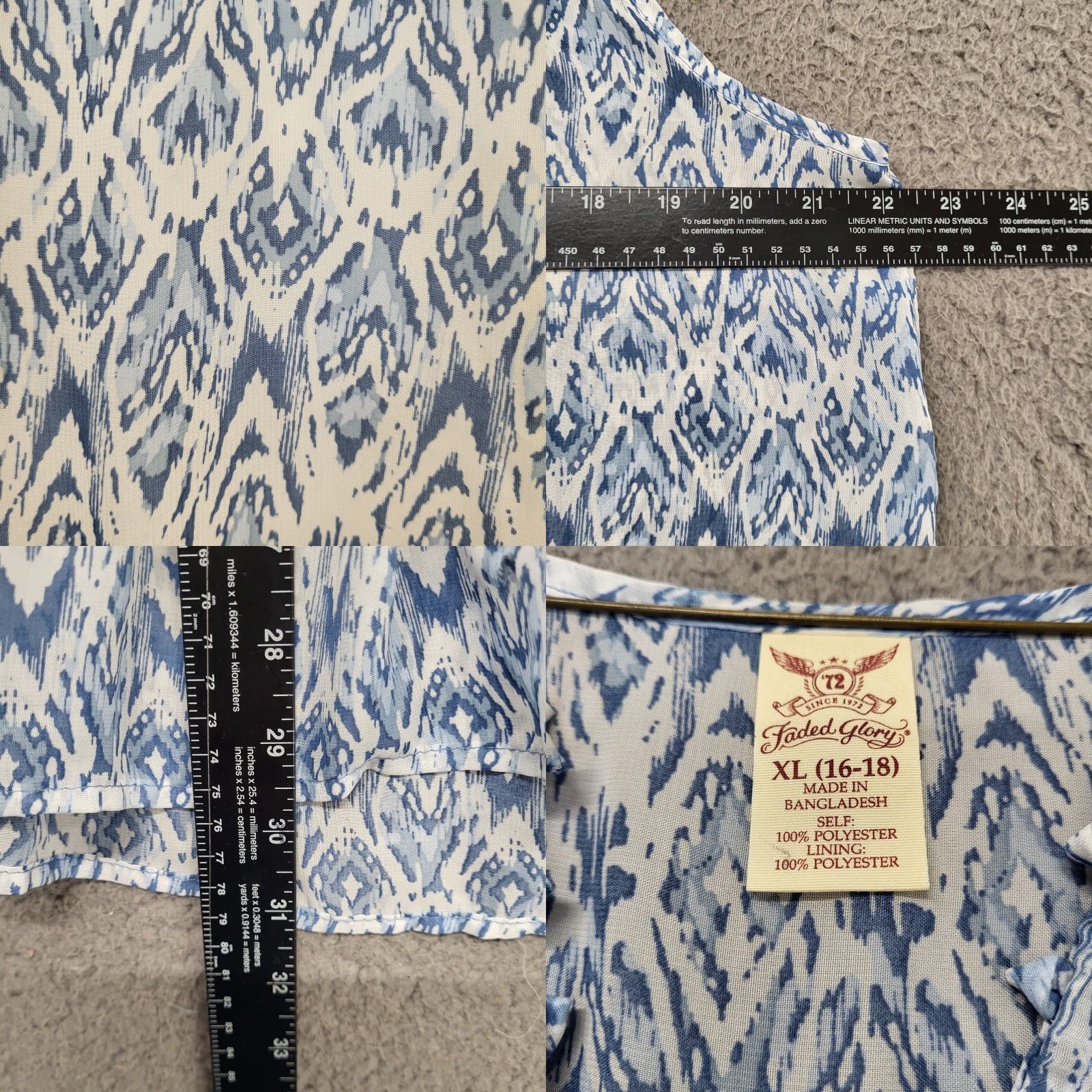 Faded Glory Faded Glory Blouse Tank Top Womens XL Blue Sleeveless Front Layer Ruffle Hem Geometric Casual Lightweight Polyester Chiffon All Seasons Remix Size XL / US 12-14 / IT 48-50 - 8 Thumbnail