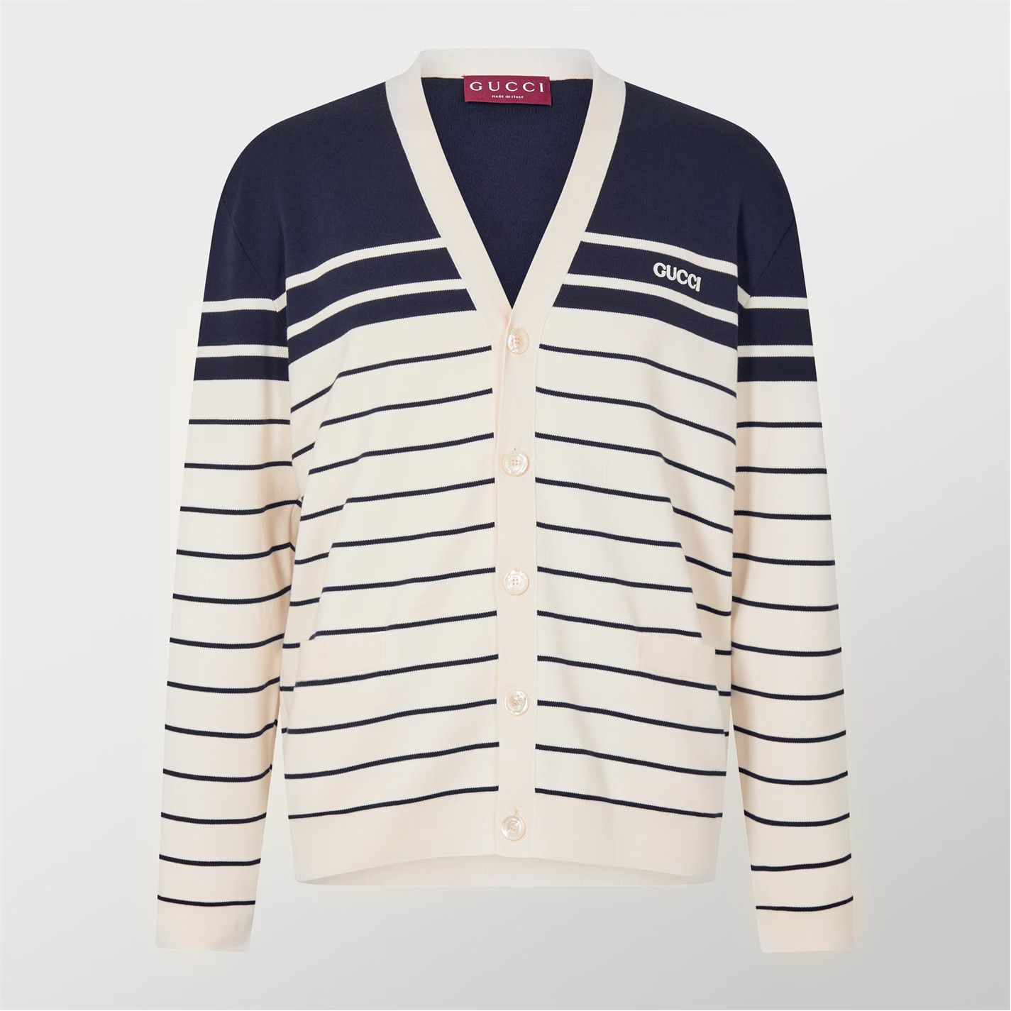 Gucci o1g2r1mq0426 Striped Knit Cotton Cardigan in White/Navy Size US M / EU 48-50 / 2 - 1 Thumbnail