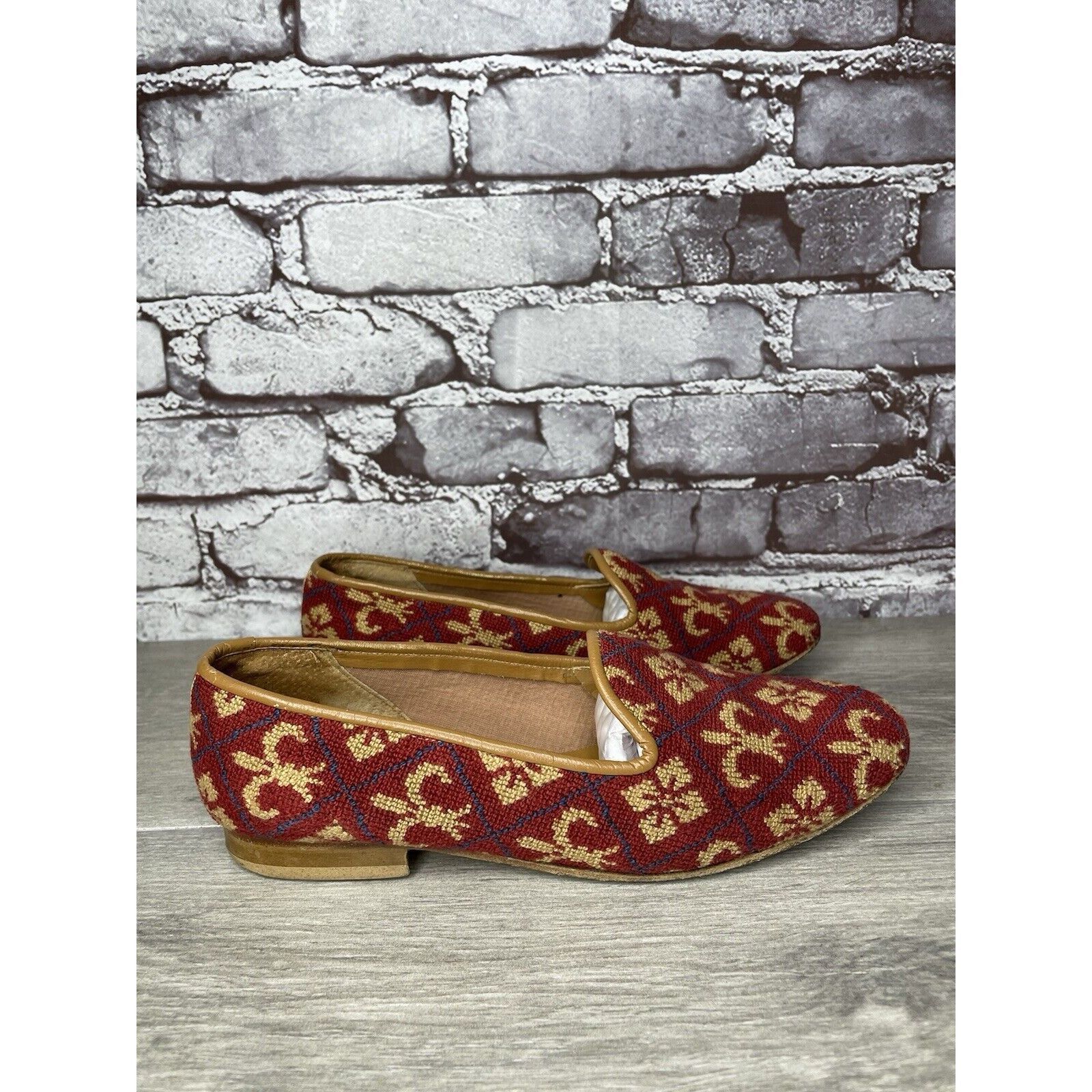 Other Zalo Red Fabric Gold Pattern Slip On Needle Loafers Shoes Wo Size US 7.5 / IT 37.5 - 21 Thumbnail