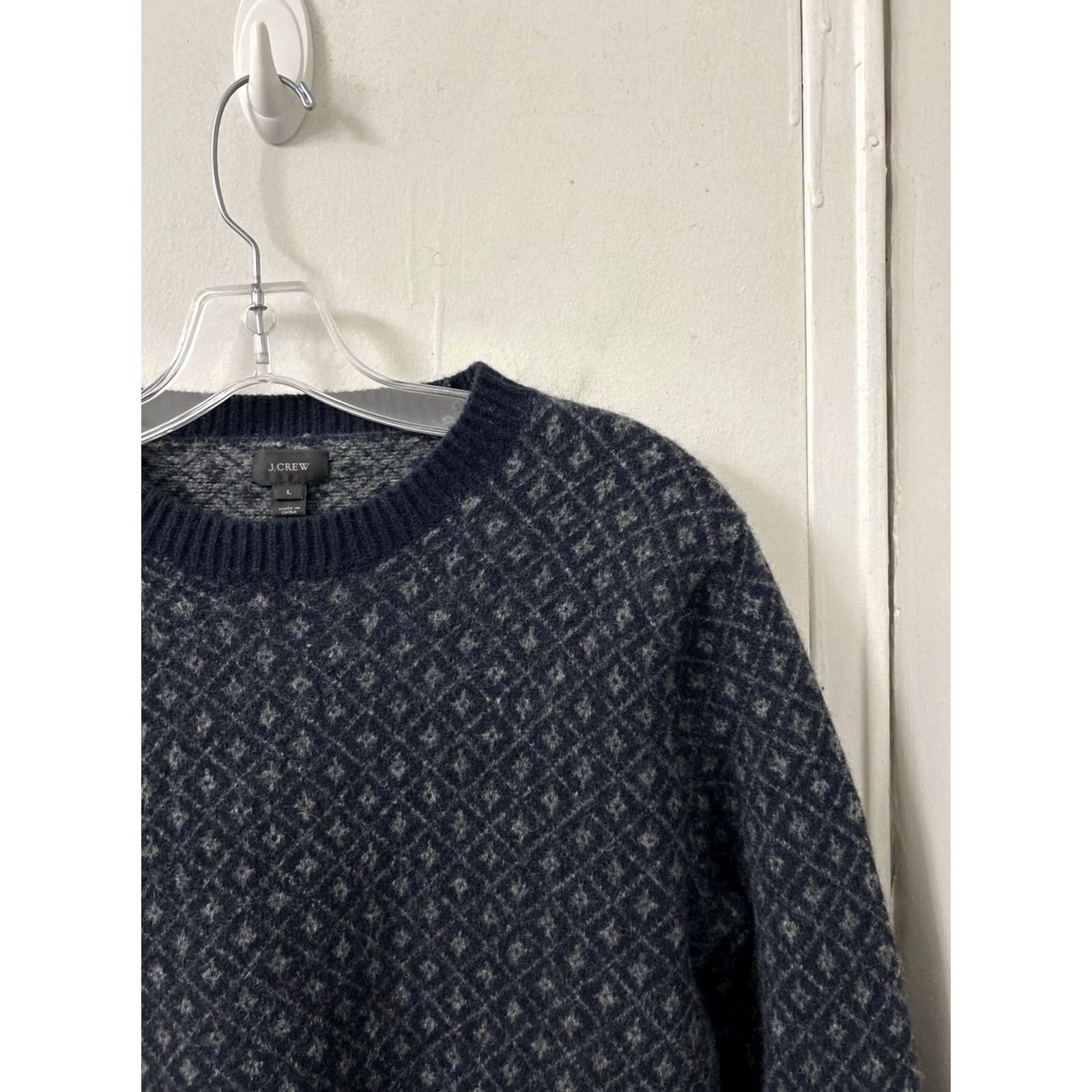 Vintage J Crew Sweater Mens L Blue Navy Gray Lambswool Diamond Knit Crewneck E1356 FA15 Size US L / EU 52-54 / 3 - 4 Thumbnail