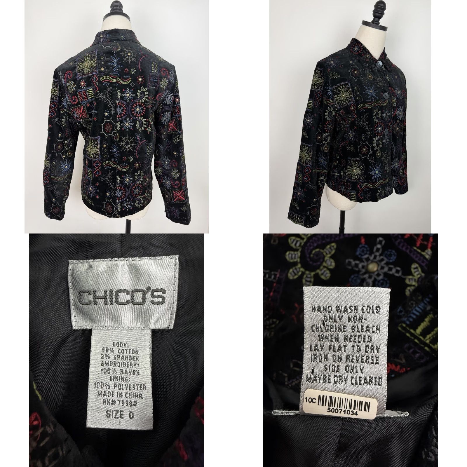 Vintage Chicos Jacket Womens Small Black Velvet Embroidered Studded 90s Bohemian Western Vintage Coat Short Sleeve Button Front Stretch Size S / US 4 / IT 40 - 8 Thumbnail