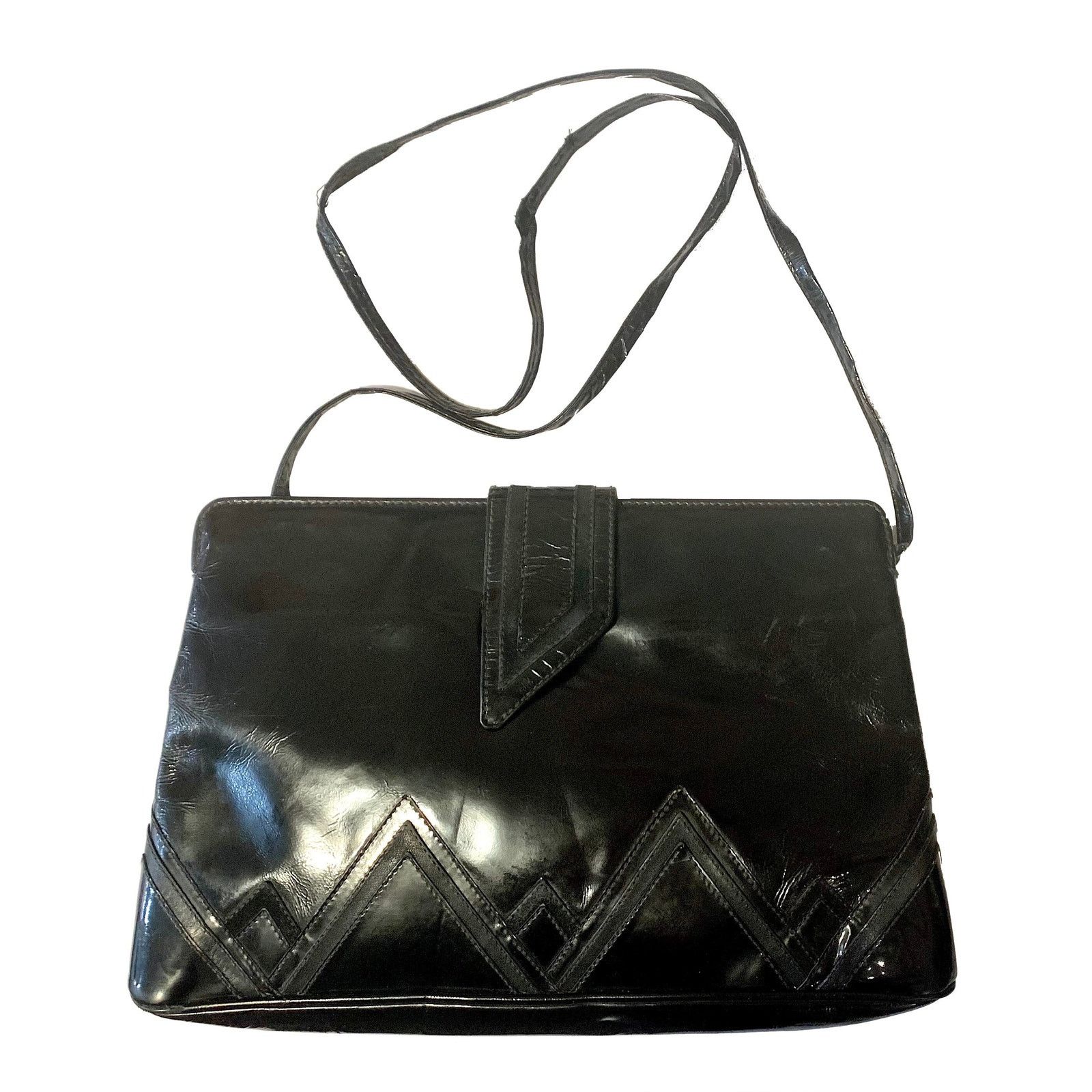 Genuine Leather x Italian Designers 80's 90's Black Patent Leather Shoulder Bag Clutch Italy, Women's