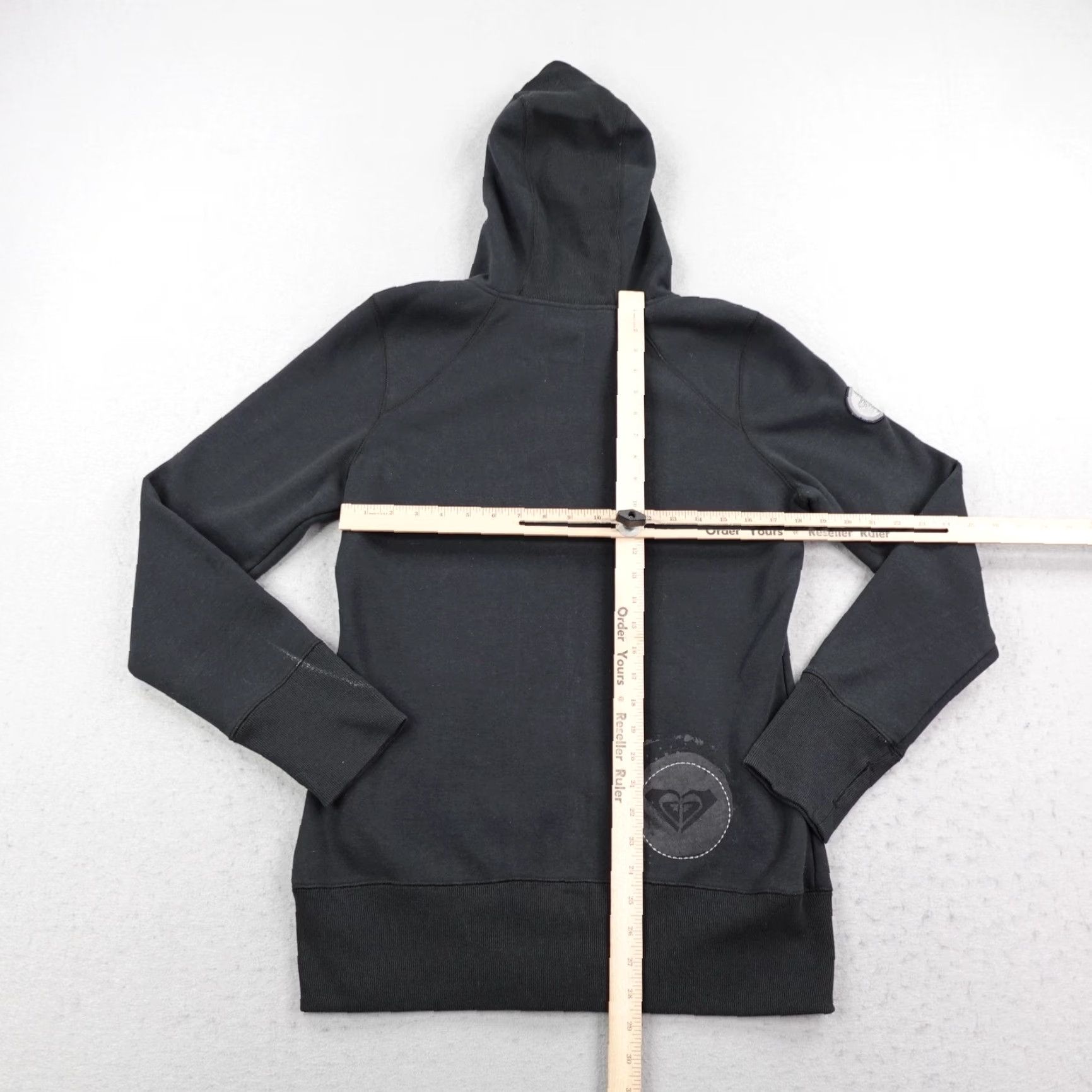 VINTAGE Roxy Hoodie Womens L Black Full Zip Fleece Lined Jacket Y2K Long Sleeve Pockets Logo Embroidered Zipper