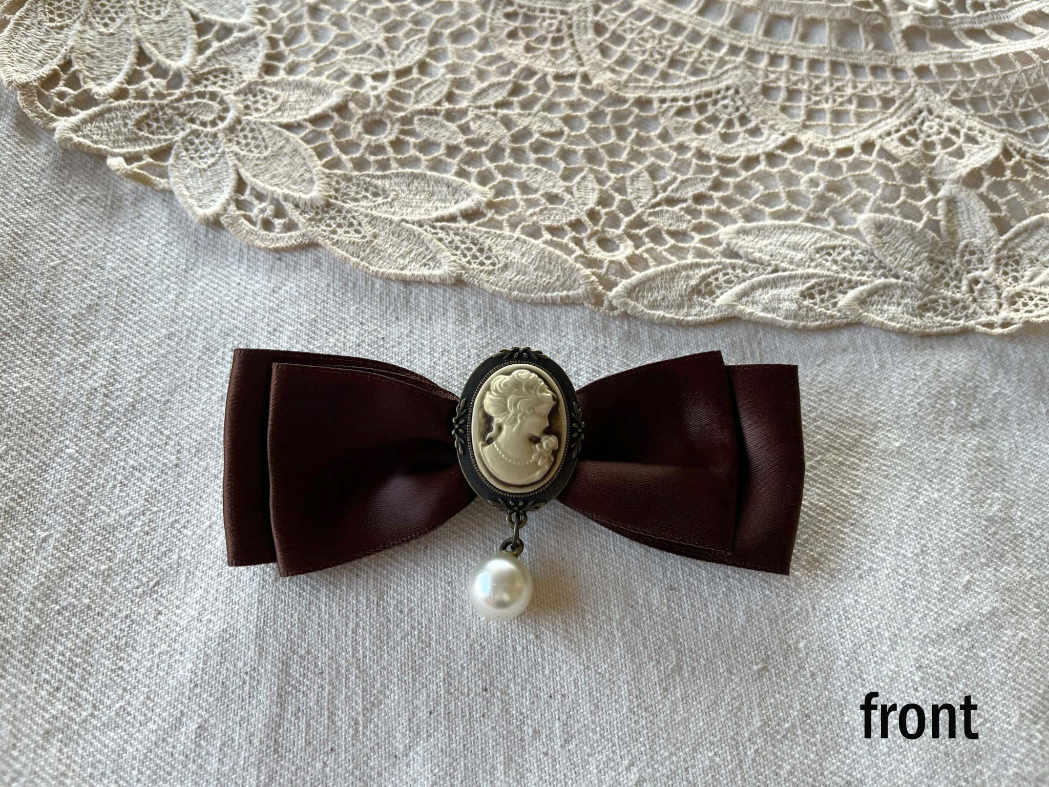 Vintage Brown Satin Ribbon Brooch With Cameo and dangling pearl Size ONE SIZE - 4 Thumbnail