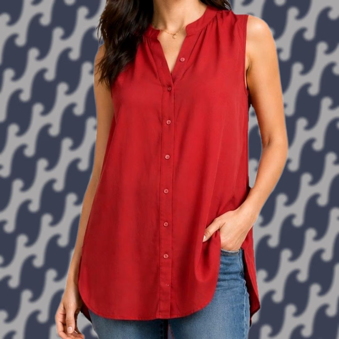 Eileen Fisher VINTAGE? No. Eileen Fisher Silk Blouse Tunic Red Sleeveless Button Front NWT Medium Longline Size L / US 10 / IT 46 - 1 Thumbnail