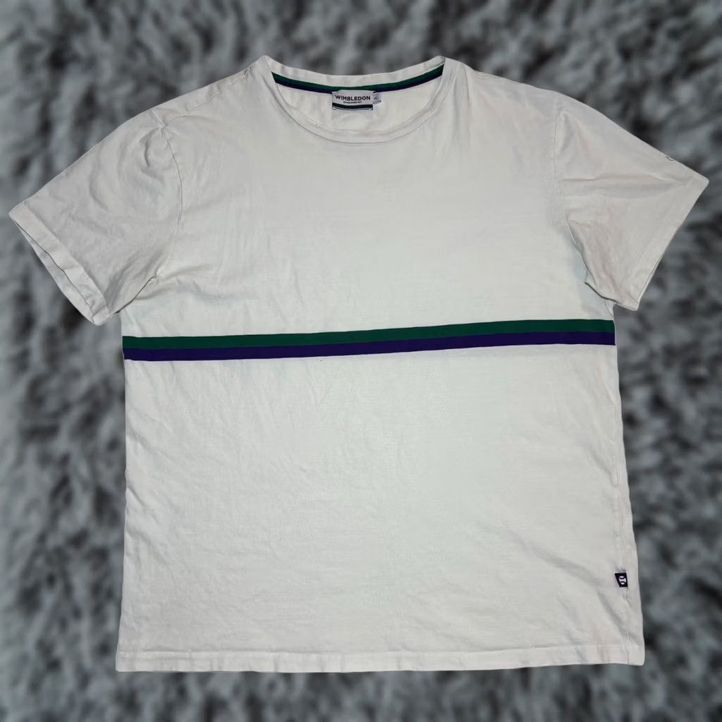 Wimbledon Shirt Mens 1XL White Cotton Tennis Tee Official Championships Stripes, Men's