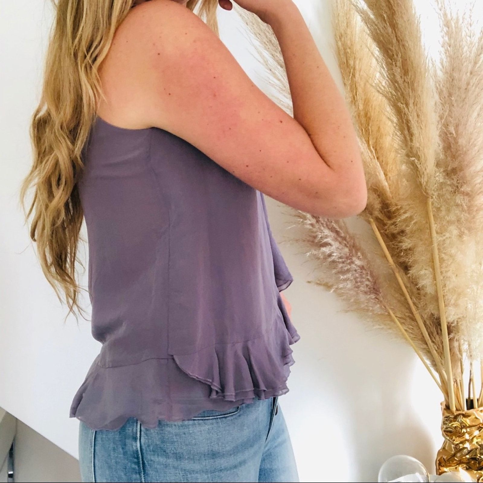 J.Crew J CREW Purple Ruffle Sheer Keyhole Button Silk Tank Blouse Size XS / US 0-2 / IT 36-38 - 5 Thumbnail