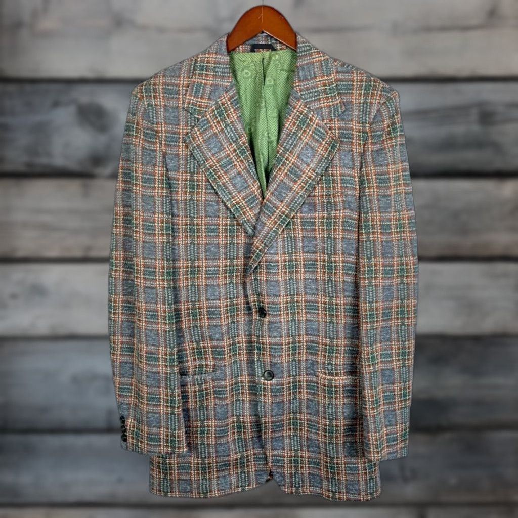 Vintage VTG 70s Plaid Pattern Leisure Suit Jacket Men's 39 Long Gray Wide Lapel USA Made Size 40R - 1 Thumbnail