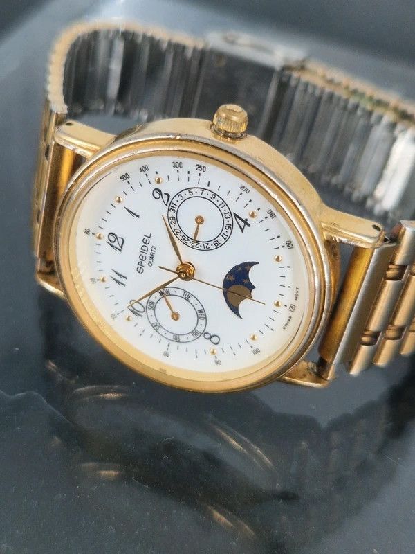 Other Vintage Speidel Moonphase Gold Quartz Watch Swiss Movement Size 36 - 2 Thumbnail