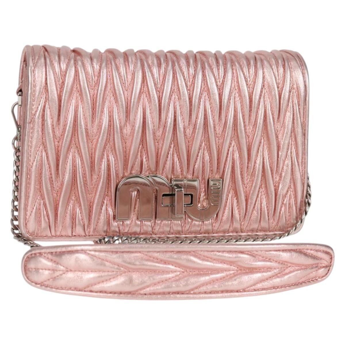 Miu Miu Matelasse Chain Shoulder Bag Leather Pink Silver 5BF069