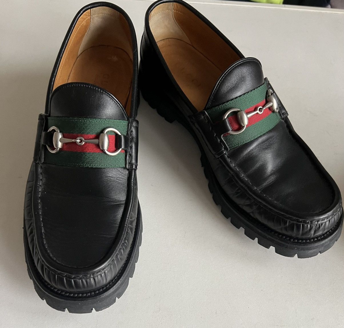 Gucci Gucci Black Leather Horsebit Web Lug Sole Loafer Men Sz US10 Size US 9.5 / EU 42-43 - 1 Thumbnail