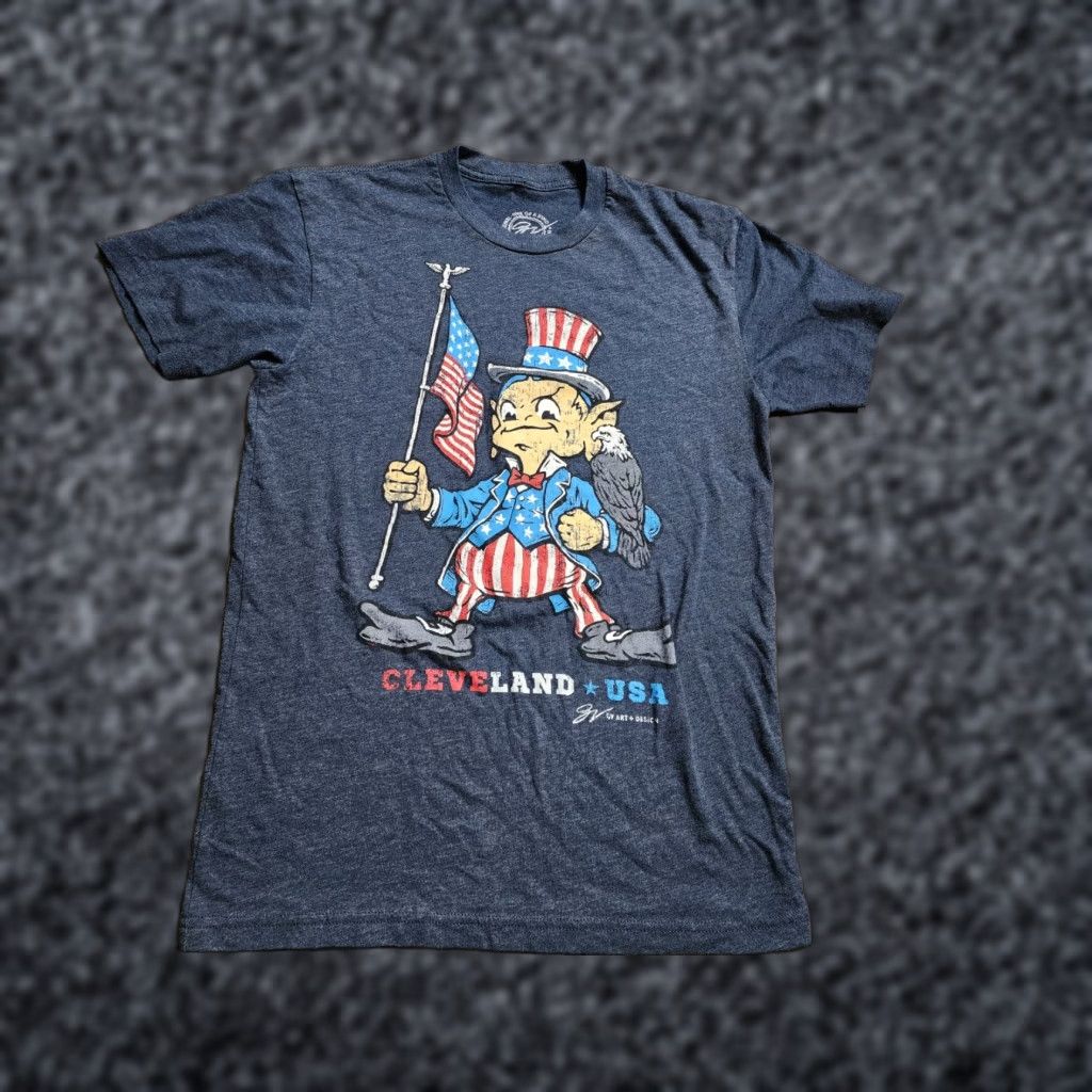 Vintage GV Art Cleveland Ohio Uncle Sam T-Shirt - Patriotic USA Flag Eagle, Short Sleeve, Crew Neck, Adult Small, Blue, Men’s T Shirt Size US S / EU 44-46 / 1 - 1 Thumbnail