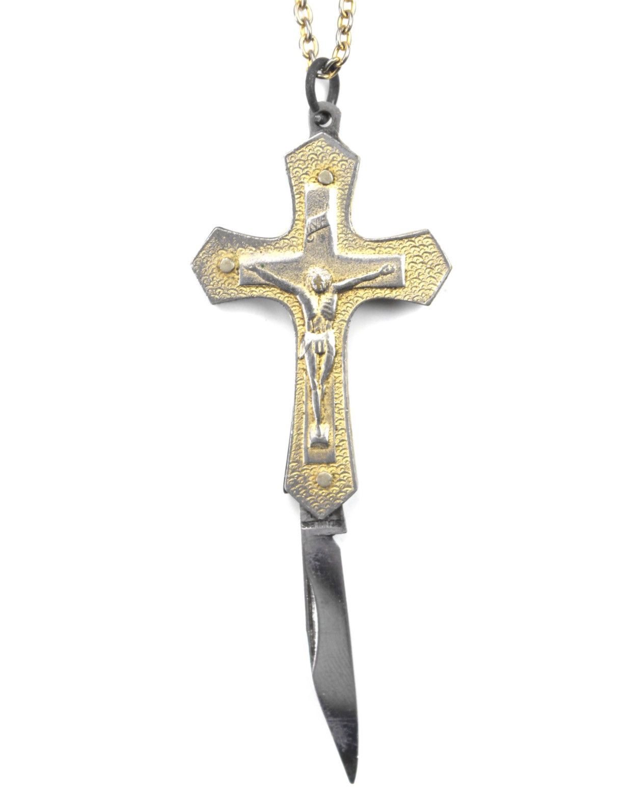 1990S JAPANESE MADE GOLDTONE CRUCIFIX FOLDING BLADE NECKLACE