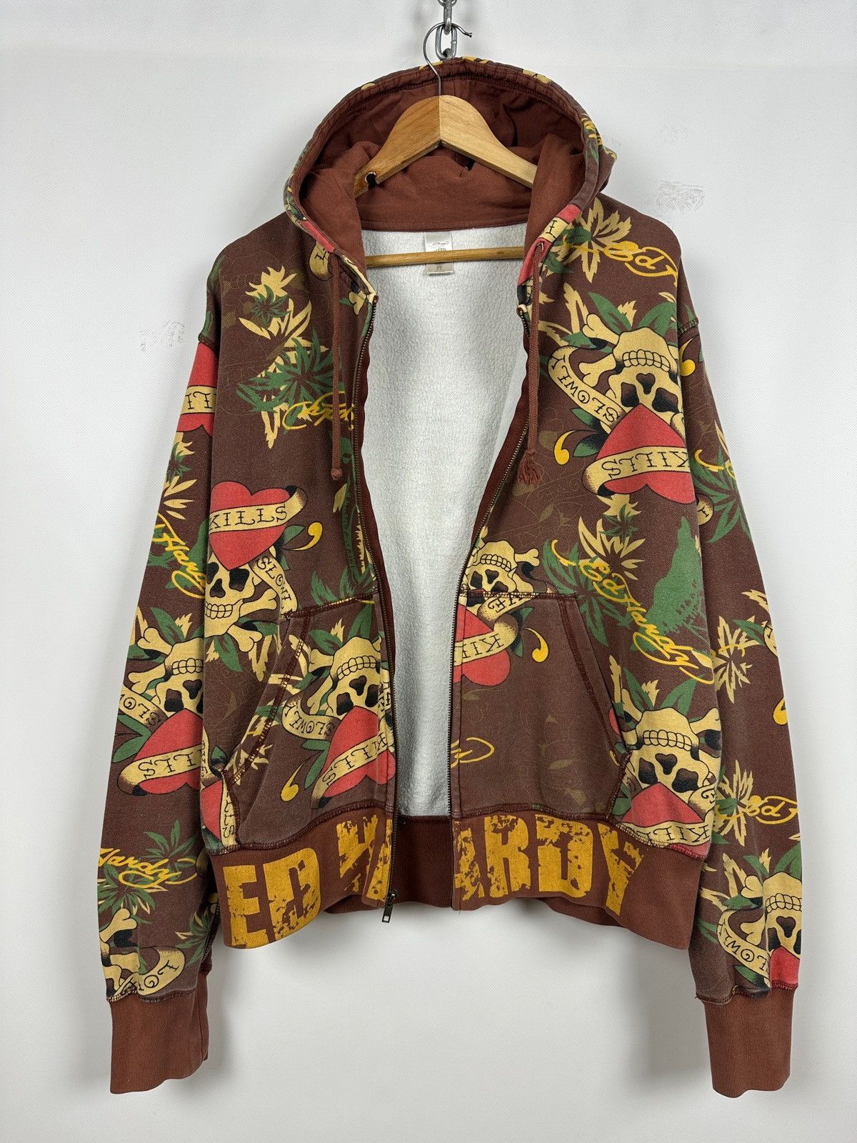 Ed Hardy Vintage Ed Hardy Skull Heart Tattoo AOP Brown Zip Up Hoodie Size US XL / EU 56 / 4 - 4 Thumbnail