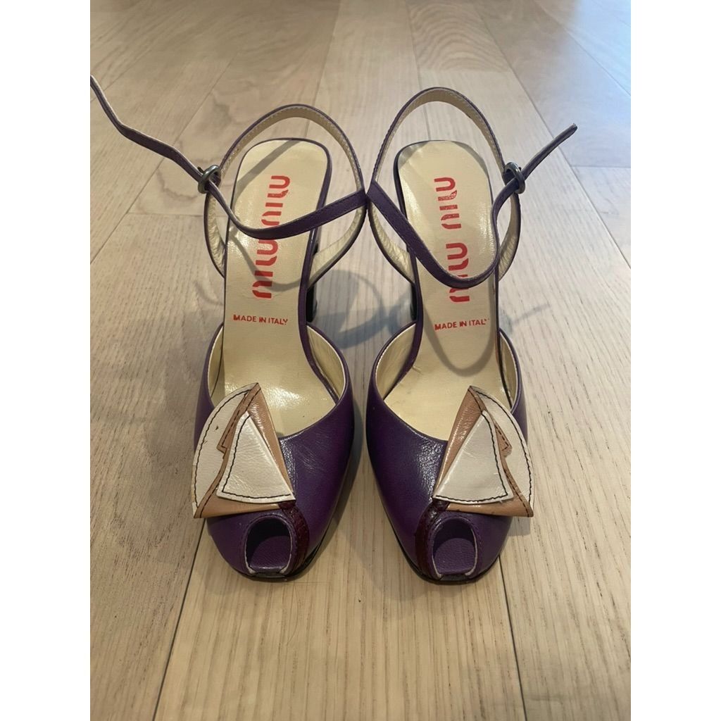 Miu Miu Miu Miu Purple Leather Peep-Toe Sandals With Beige Bow Detai Size US 5 / IT 35 - 2 Thumbnail