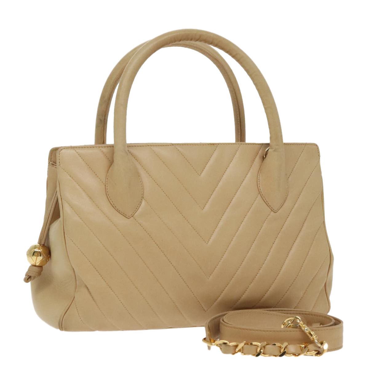 Chanel V-Stich Beige Leather Handbag (Pre-Owned) Size ONE SIZE - 1 Thumbnail