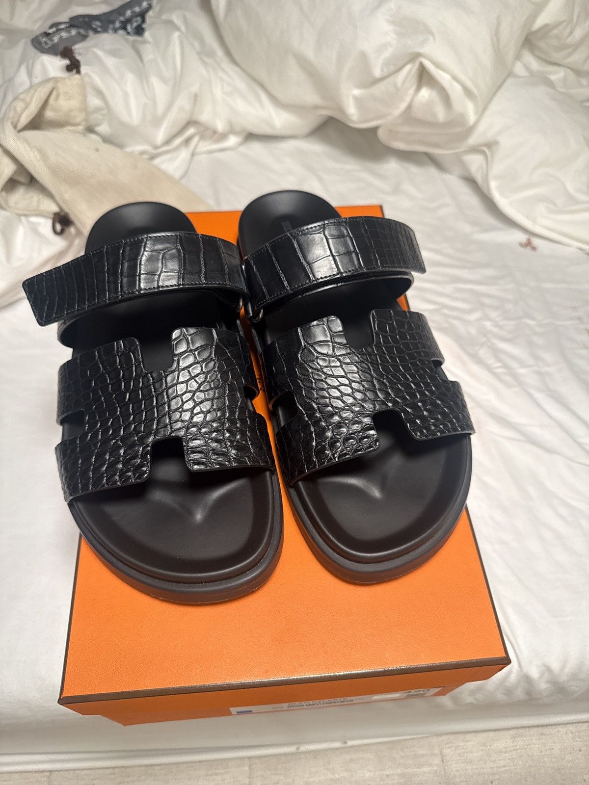 Hermes Hermes Alligator Chypre Sandals Black Noir Size US 10 / EU 43 - 1 Thumbnail