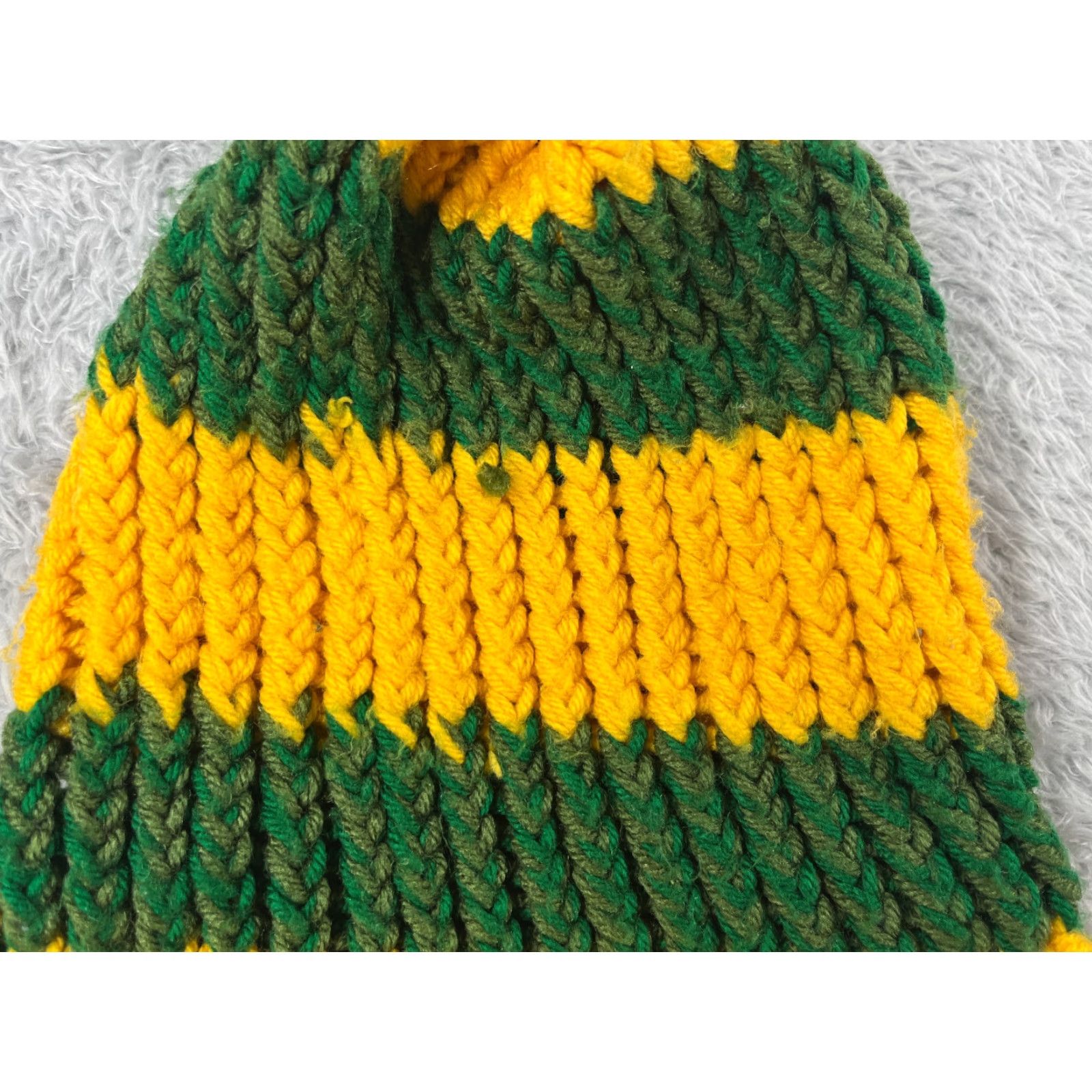 Vintage Handmade Green Bay Packers Style Beanie Knit Hat Adult One Size Green Striped Acrylic Pom Unisex Size ONE SIZE - 2 Thumbnail