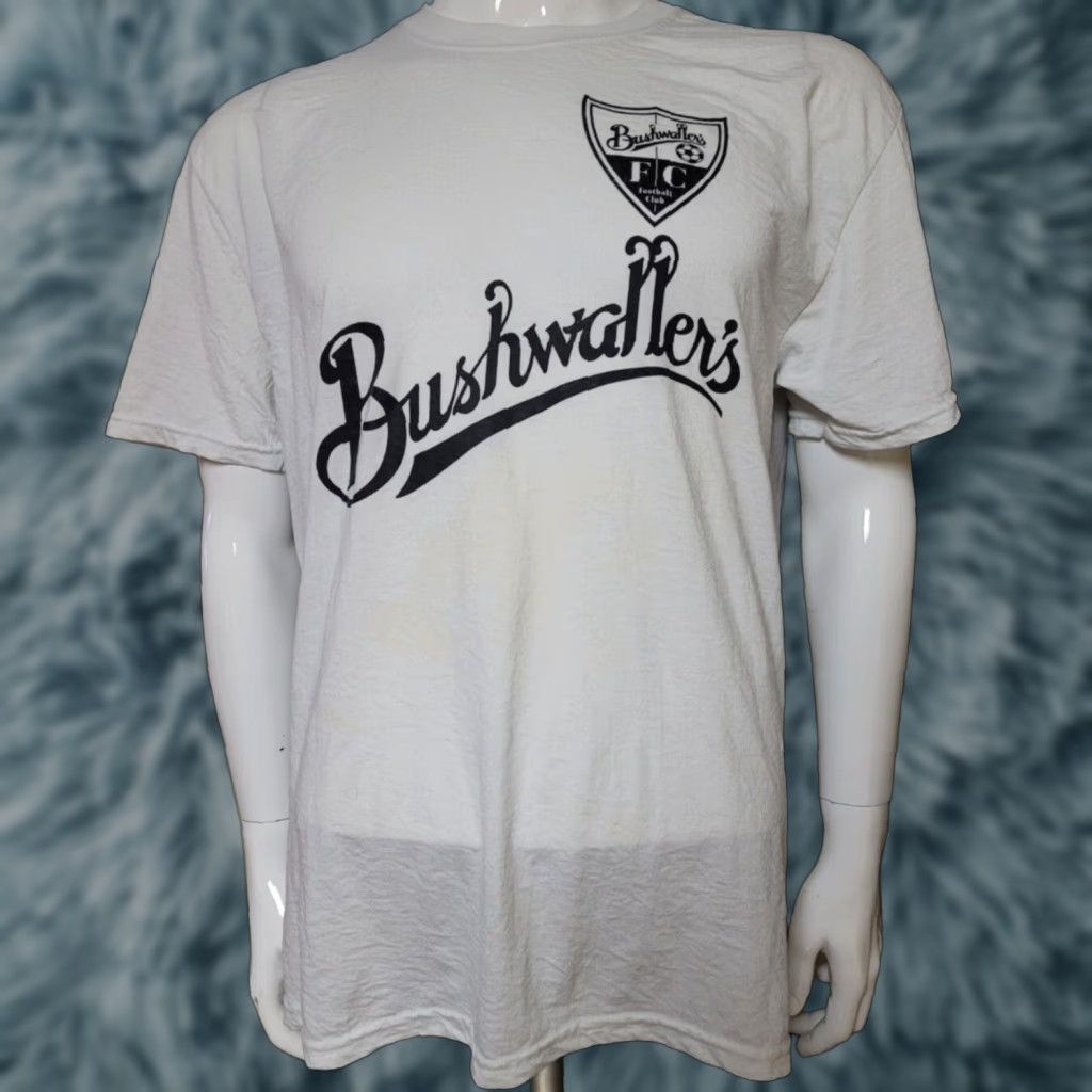 Jerzees VTG Bushwaller's FC Soccer Jersey T Shirt L Men's White Jerzees 100% Polyester Crew Neck Short Sleeve Fields Bar Sports 90s Size US L / EU 52-54 / 3 - 1 Thumbnail