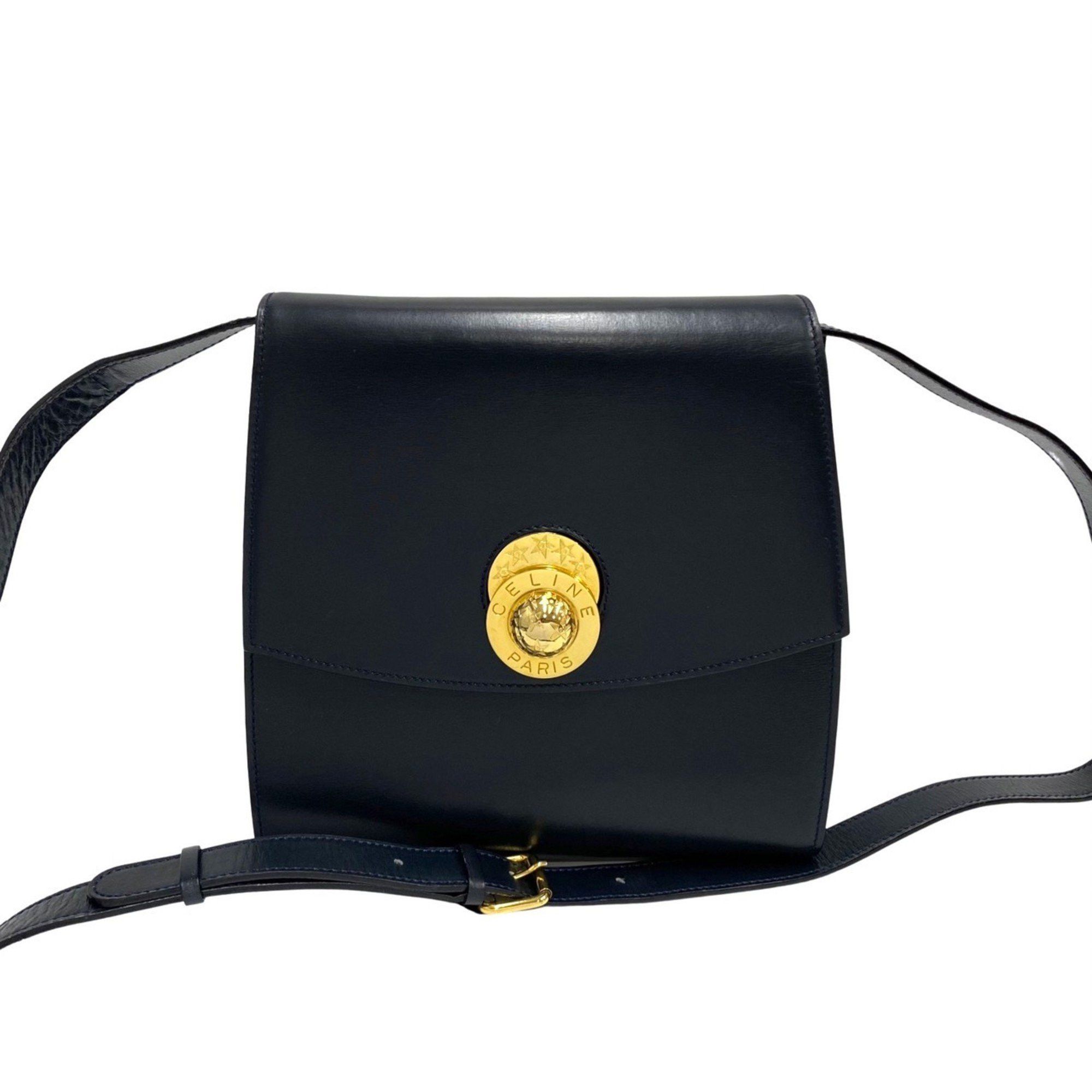 image of Celine Vintage Star Ball Hardware Calf Leather Genuine Shoulder Bag Crossbody Navy in Gold, Women's