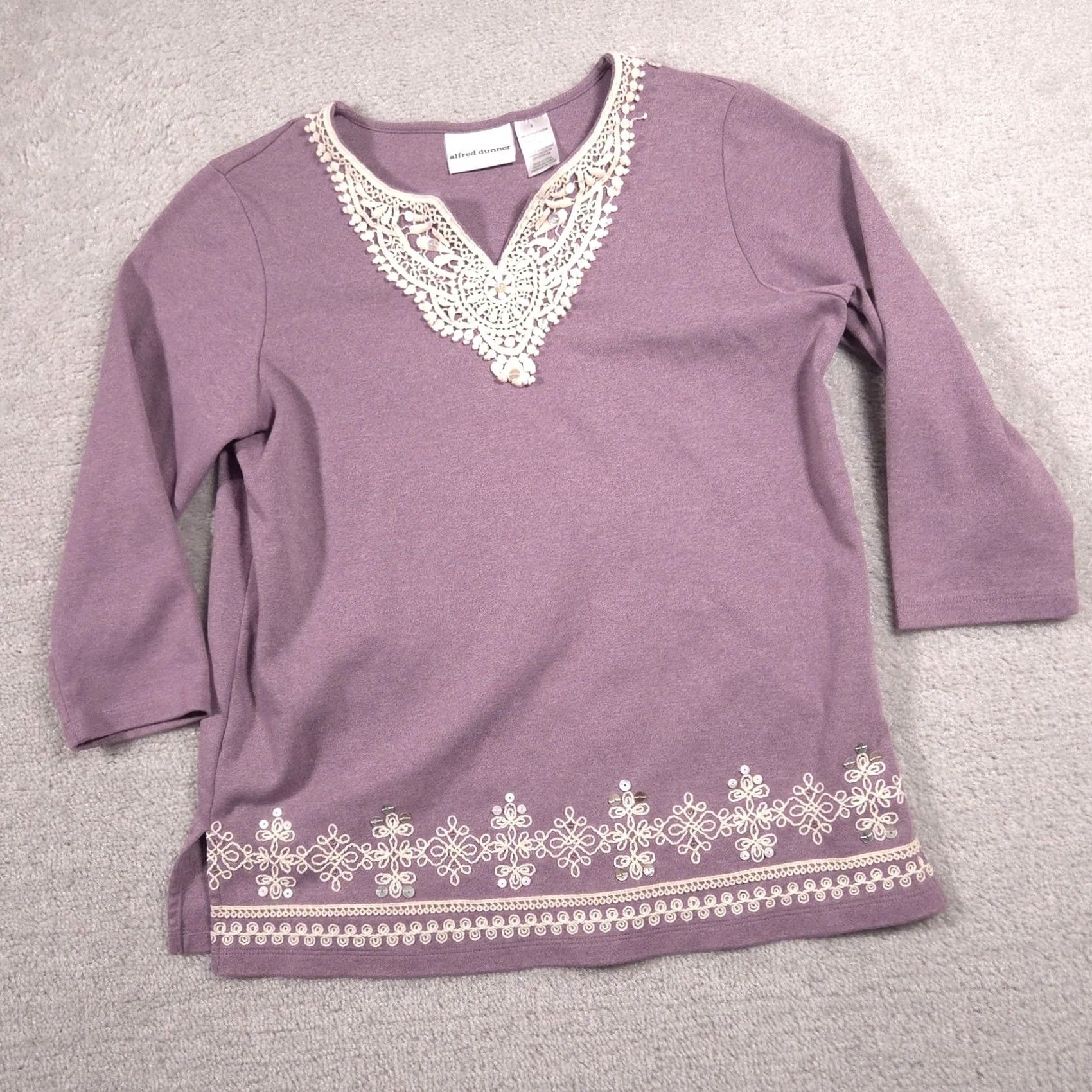 Vintage Alfred Dunner Shirt Womens Small Purple Crochet Sequin 3/4 Sleeve Tunic Top Size S / US 4 / IT 40 - 2 Thumbnail