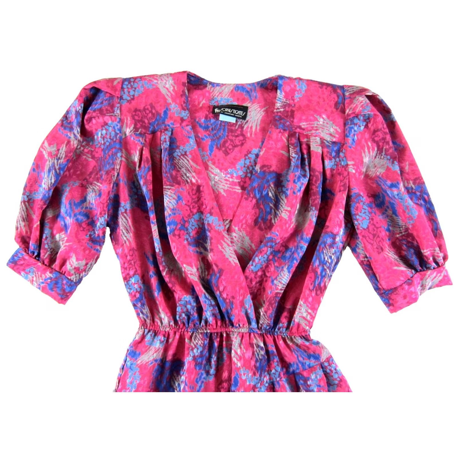 Pinko Vintage Jonathan Martin Sophisticates Midi Dress Size 8 Pink Blue Grey V-Neck Size M / US 6-8 / IT 42-44 - 4 Thumbnail
