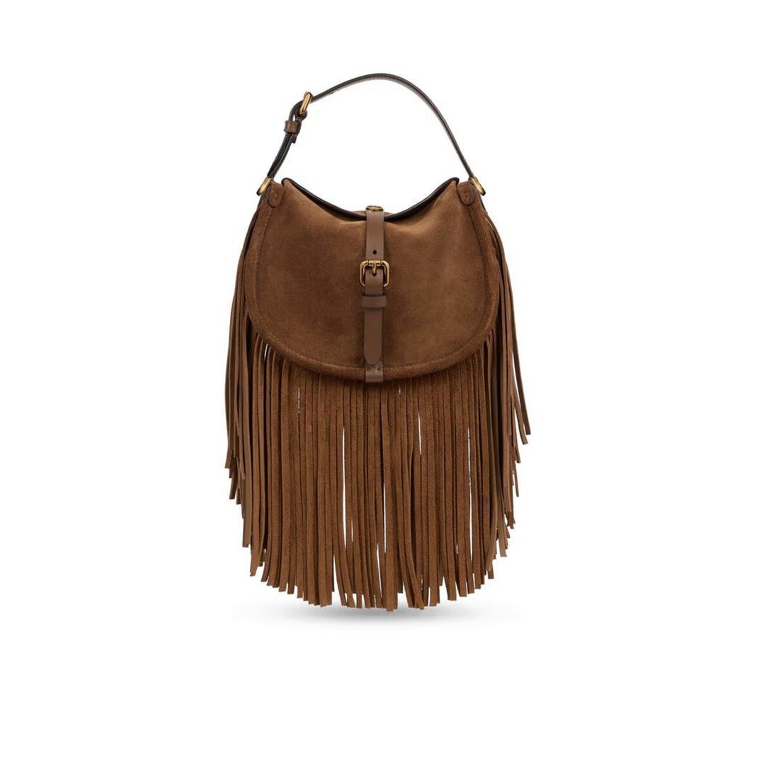 ETRO Pony Small Fringe Camel Brown Suede Leather Shoulder Ba