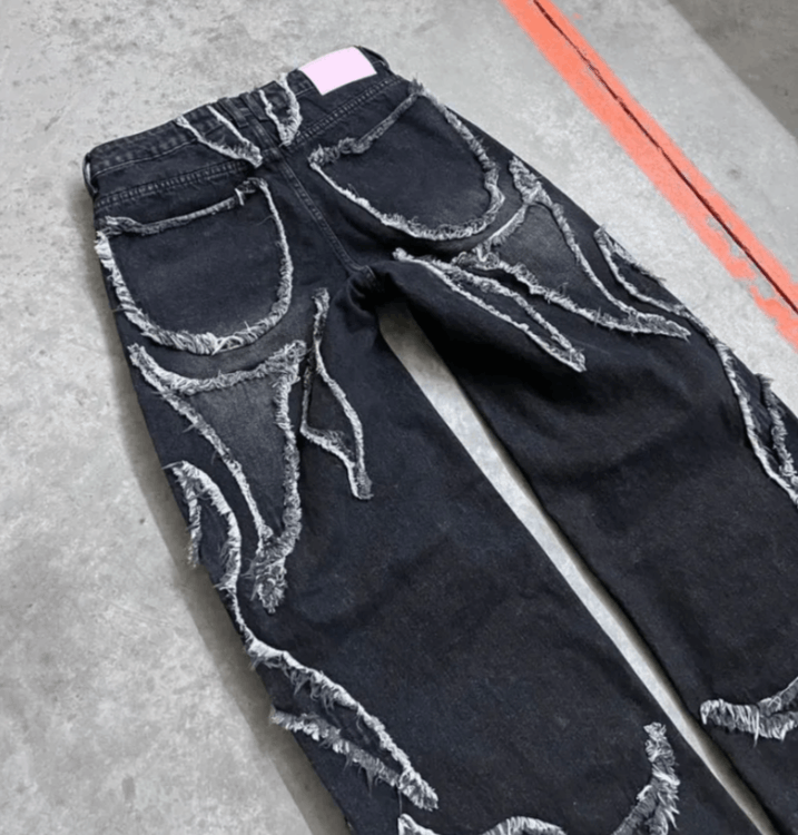 Japanese Brand Geometric Pattern Patch Black Old Baggy Jeans Size US 32 / EU 48 - 3 Thumbnail