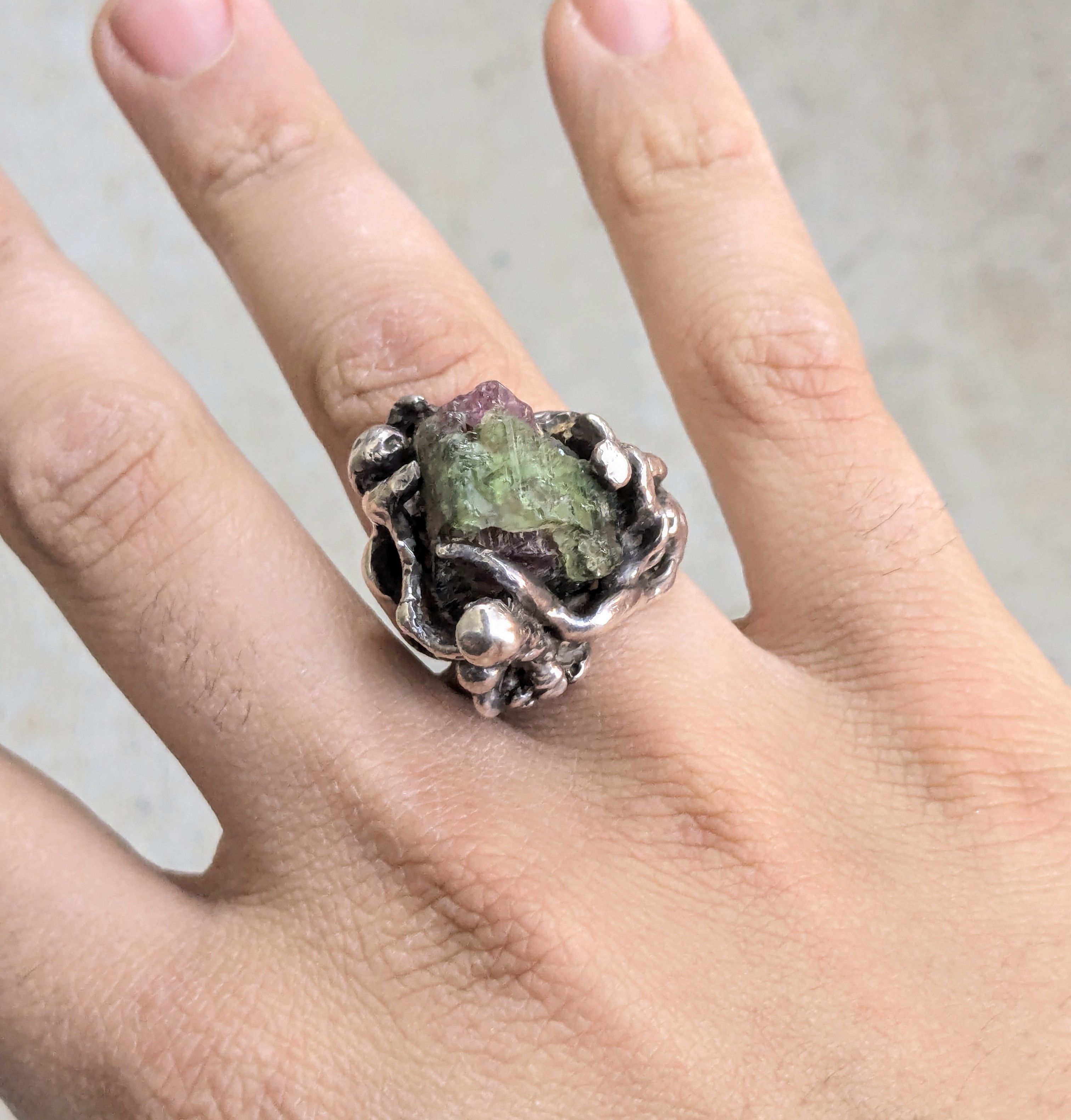 Vintage Sterling Silver Ring Watermelon Tourmaline Brutalist
