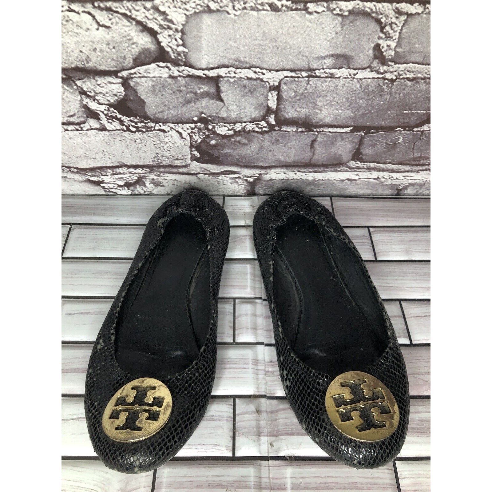 Tory Burch Tory Burch Reva Gold Logo Black Leather Snake Skin Ballet Fl Size US 7.5 / IT 37.5 - 17 Thumbnail