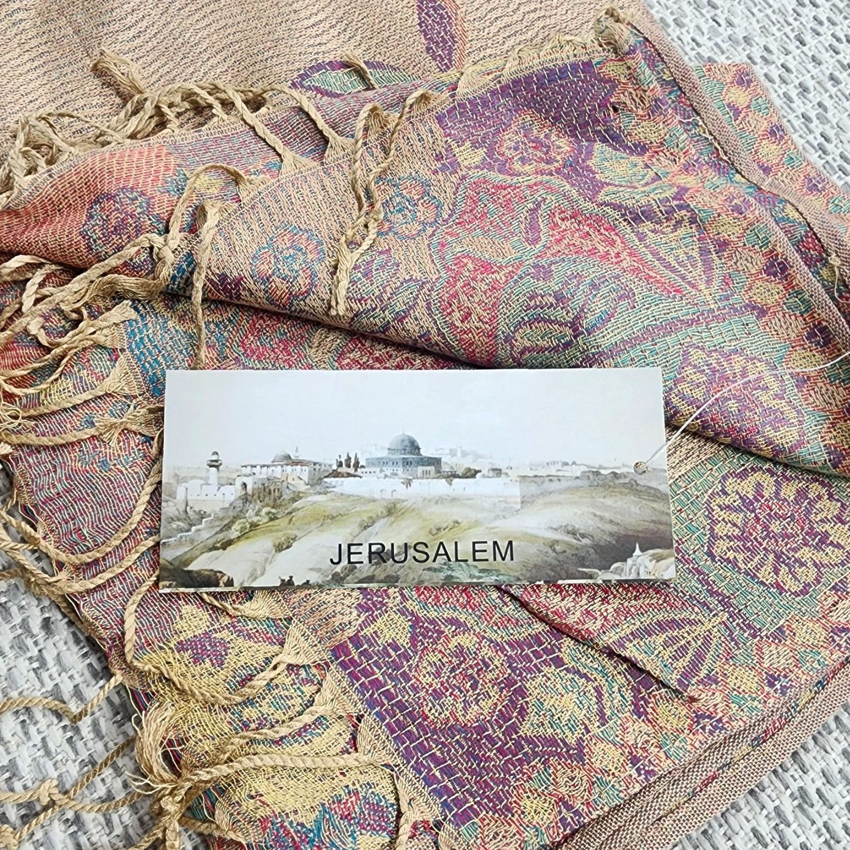 Vintage VINTAGE Jerusalem Shawl Wrap Womens Paisley Elephant Print Cashmere Tan Pink Fringe Tassel Size ONE SIZE - 5 Thumbnail