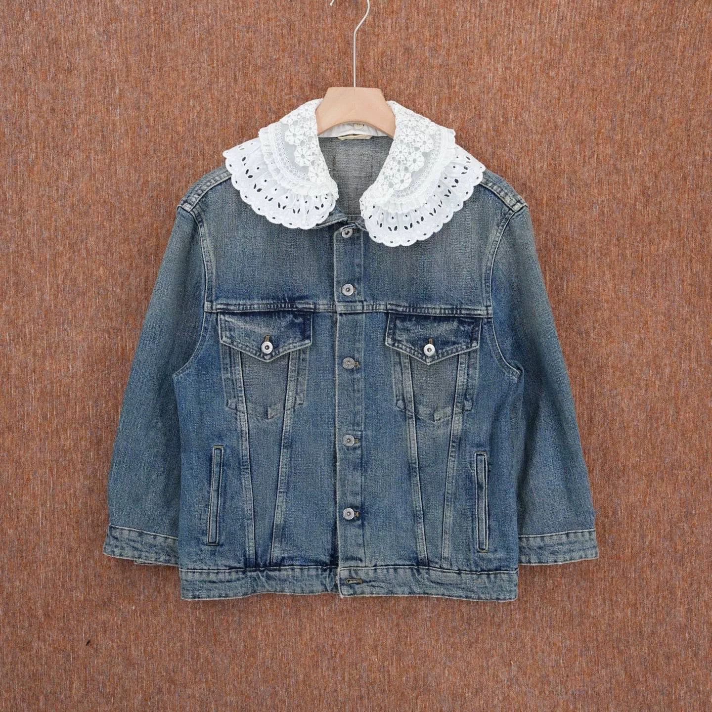 Miu Miu Miumiu Denim Jacket with Removable Lace Collar Size XS / US 0-2 / IT 36-38 - 1 Thumbnail
