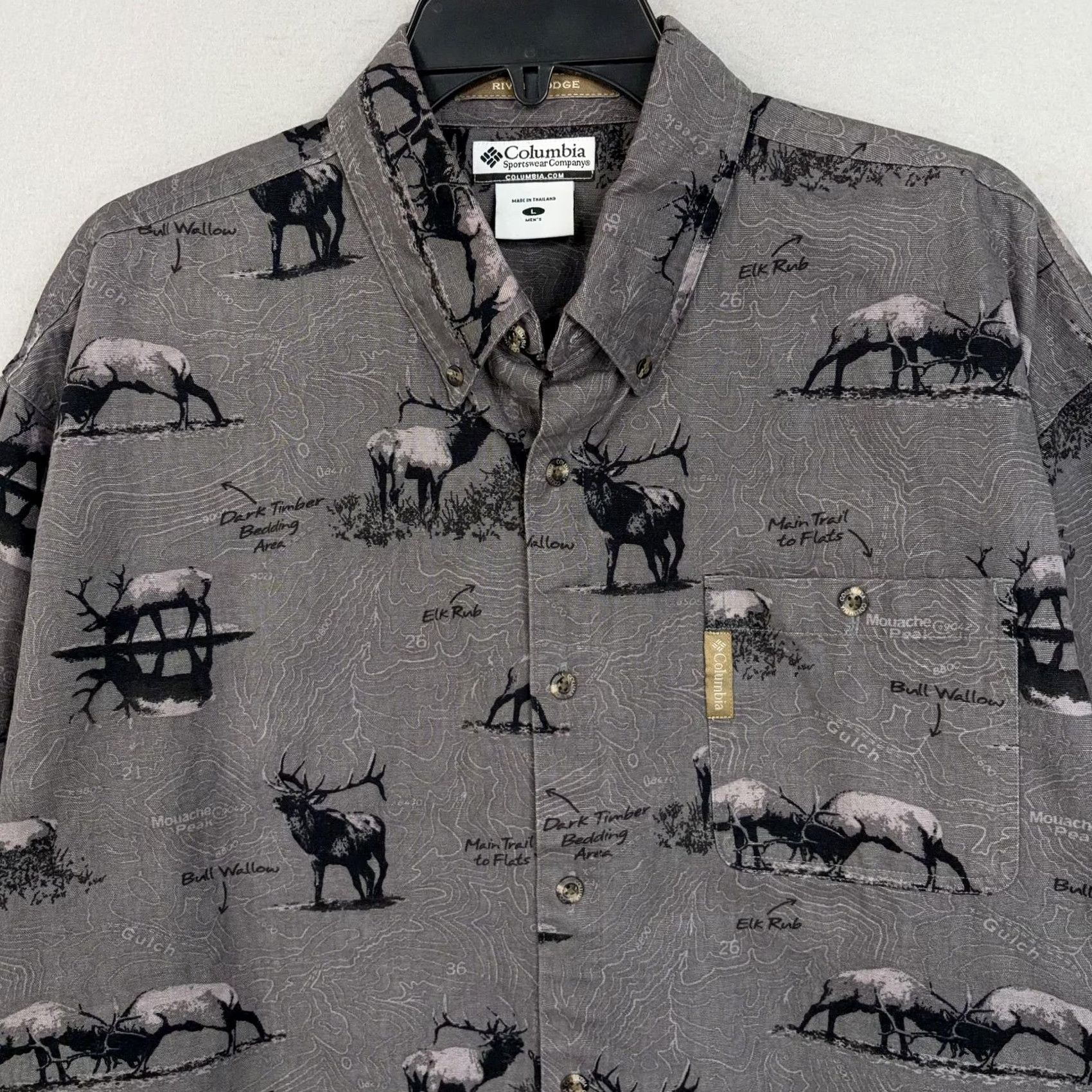 Vintage Columbia Mens Large Gray Elk Hunting Topo Print Button-Front River Lodge Shirt Size US L / EU 52-54 / 3 - 2 Thumbnail