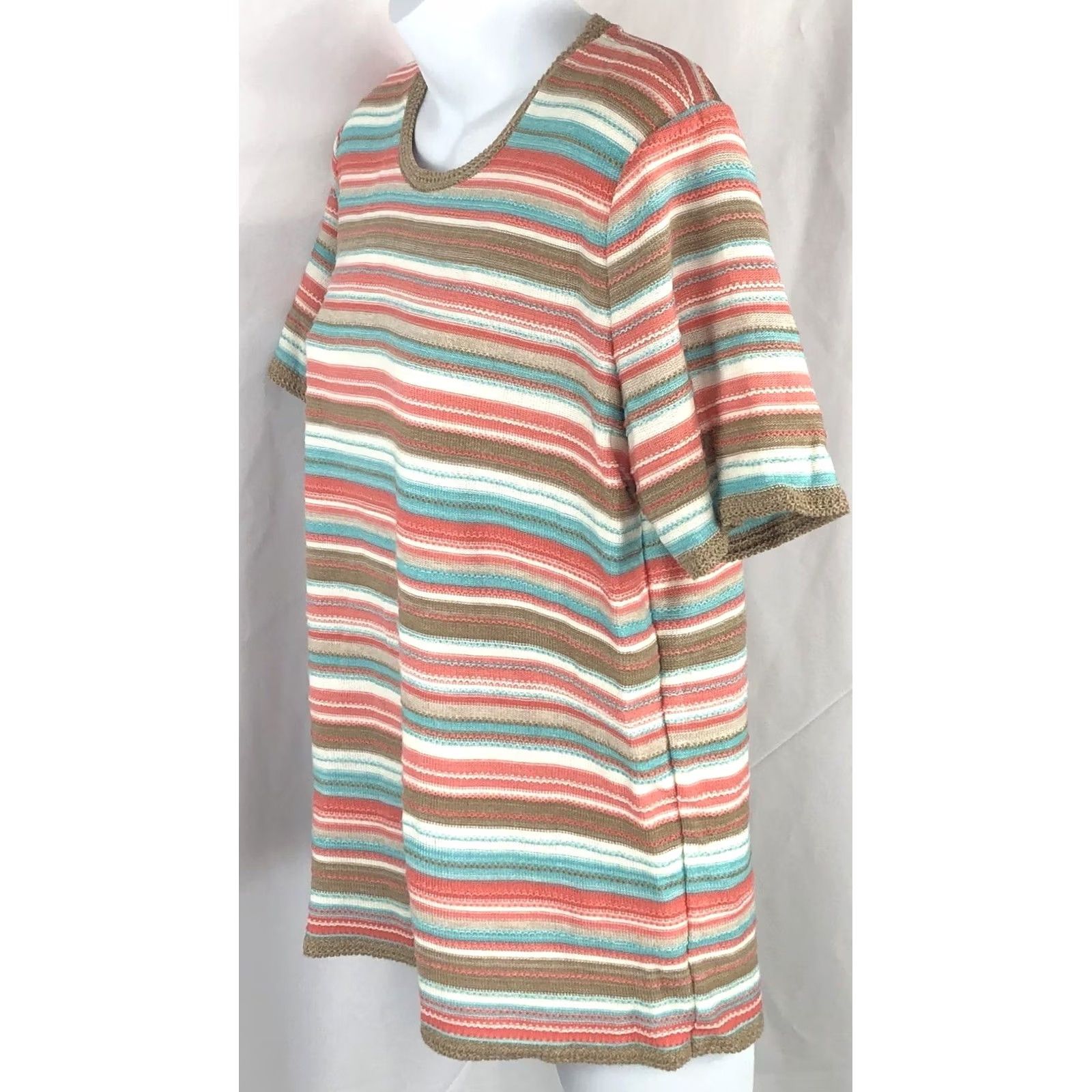 Vintage Alfred Dunner Knit crochet knit top M multi stripe short sleeve Cottage Coastal Shirt Women Size M / US 6-8 / IT 42-44 - 2 Thumbnail