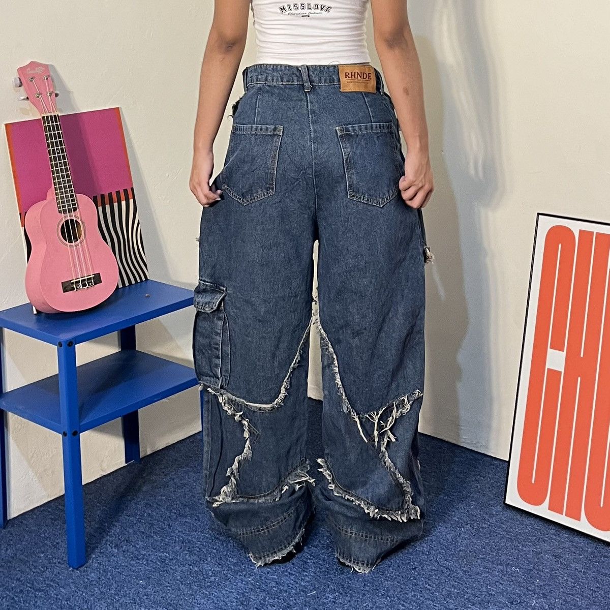 Japanese Brand Distressed patchwork star denim wide-leg jeans blue Size US 29 - 2 Thumbnail