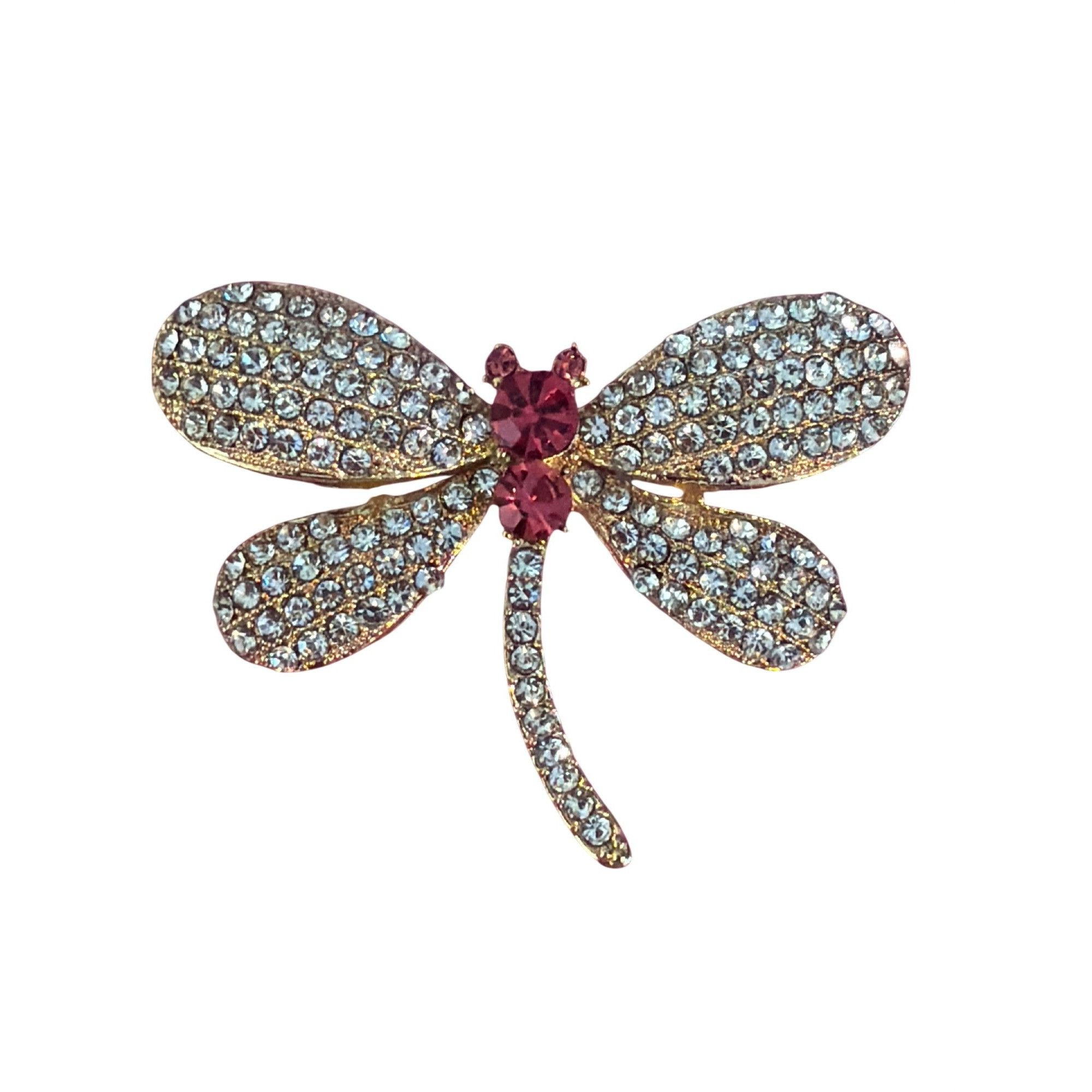 Other Gold Tone Dragonfly Pin Brooch Clear Pink Rhinestones 1.75" Size ONE SIZE - 1 Thumbnail