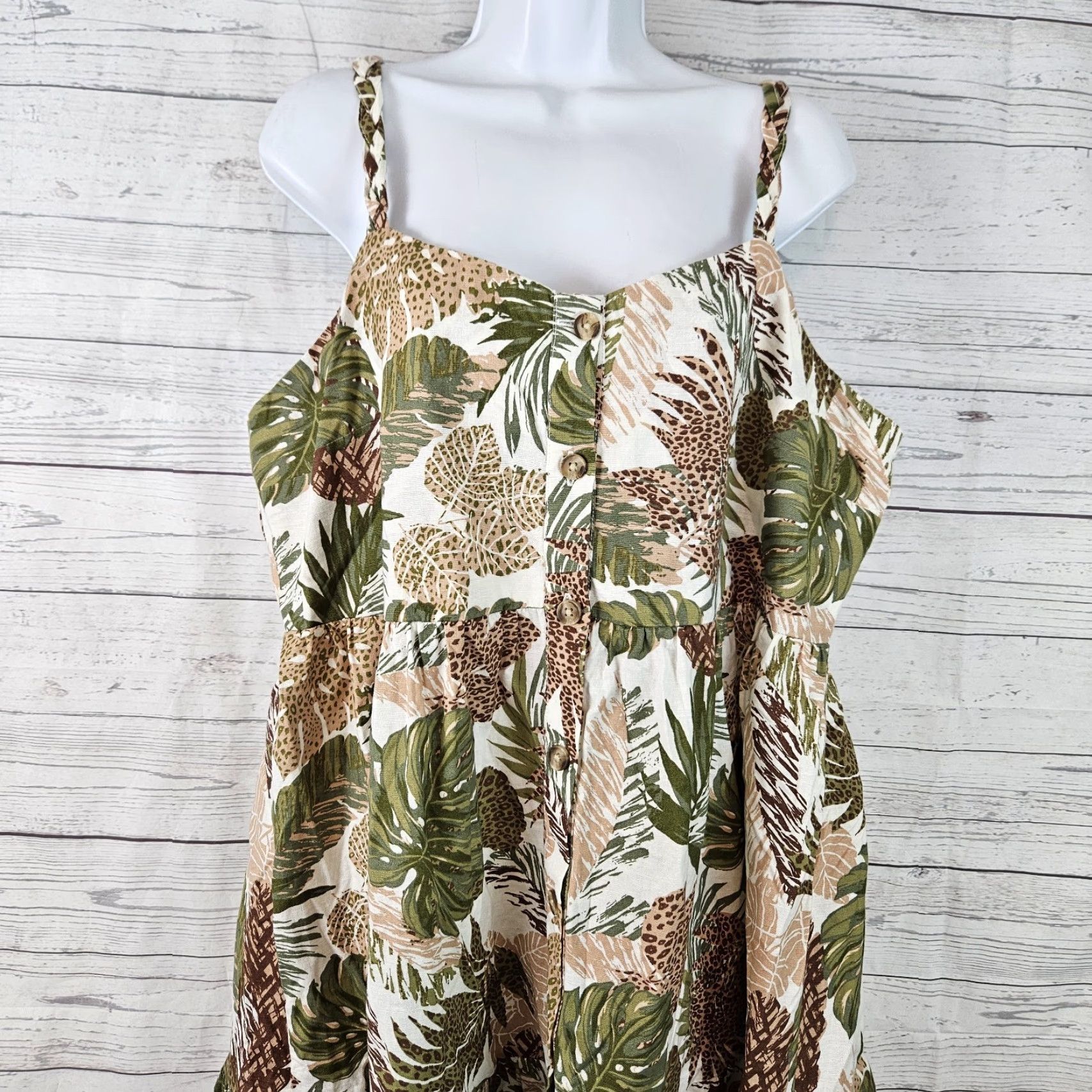 Vintage Beach Lunch Lounge Dress Womens XL Green Brown Leaf Animal Print Cotton Linen Sundress Sleeveless Pullover Knee Length Spring Summer Casual Womens Size XL / US 12-14 / IT 48-50 - 2 Thumbnail