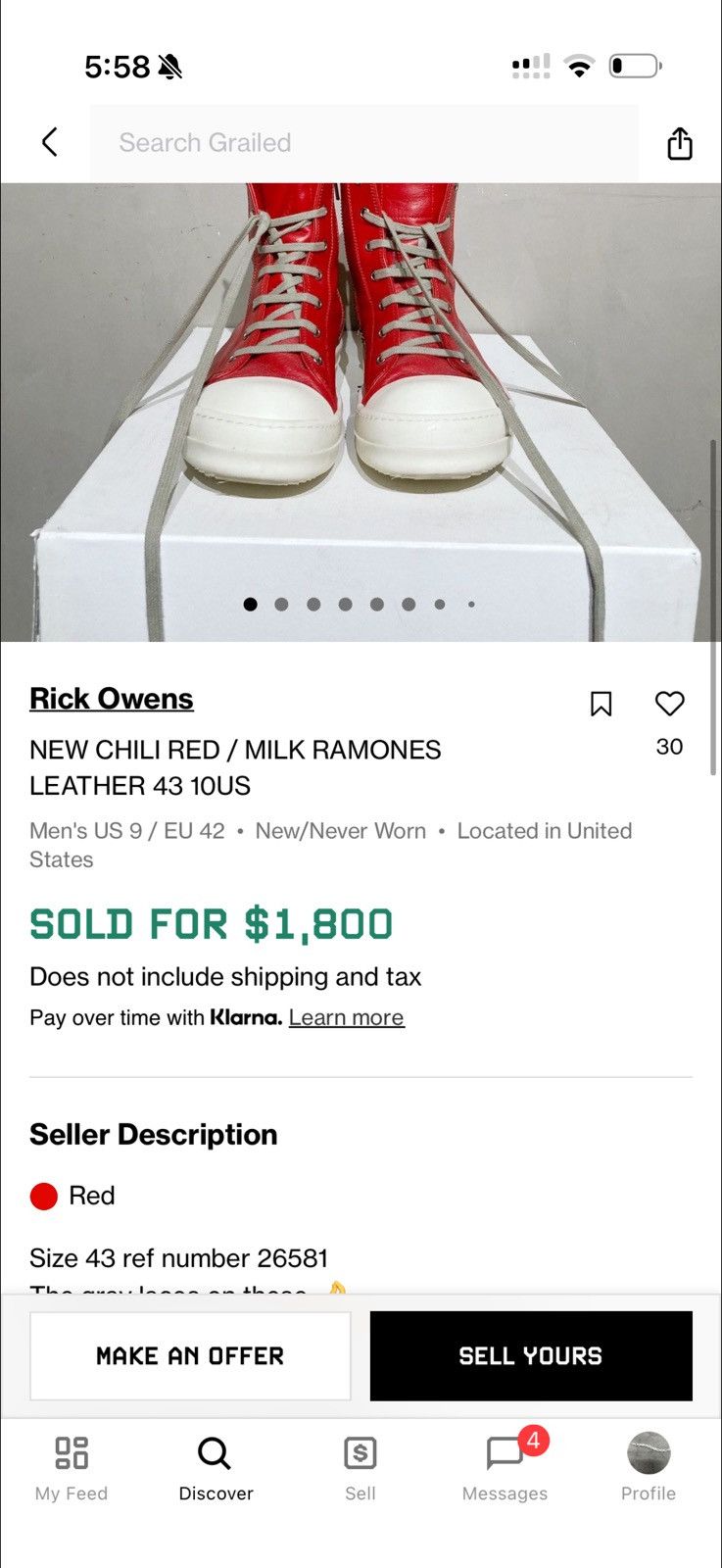 Rick Owens Rick Owens Chili Red / Milk High Top Ramones Size US 10.5 / EU 43-44 - 14 Thumbnail